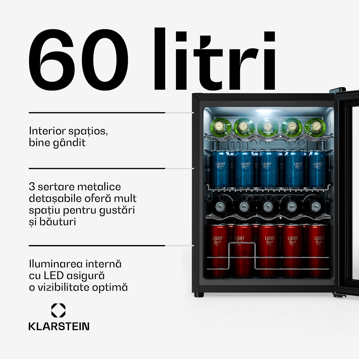 Beersafe frigider pentru băuturi cu uși din sticlă | 64 x 48 cm | Iluminare interioară LED | Argintiu-negru 60 Ltr | Argintiu | Negru