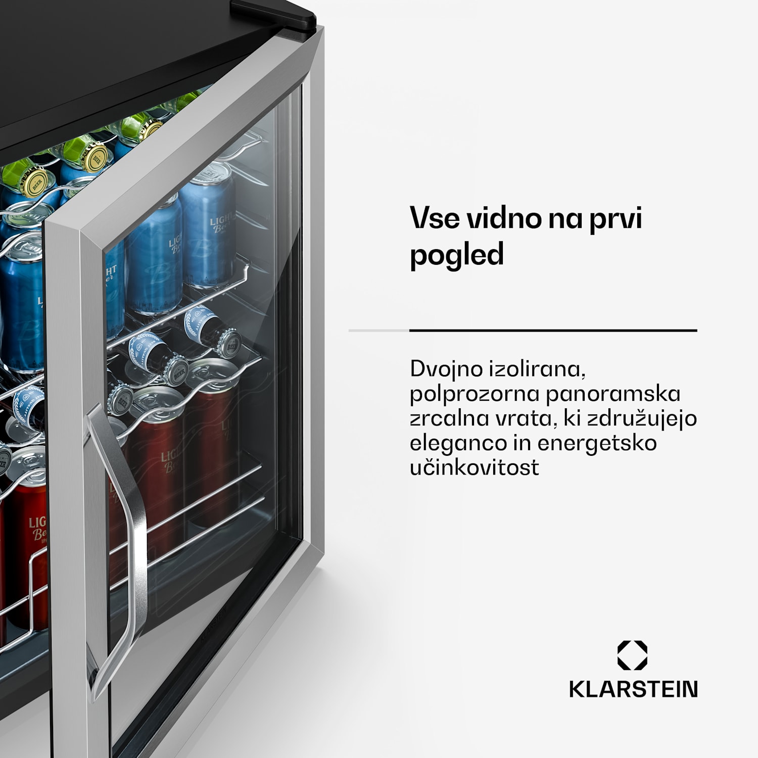 Beersafe hladilnik za pijačo s steklenimi vrati | 64 x 48 cm | Notranja LED osvetlitev 60 Ltr | Srebrna | Črna