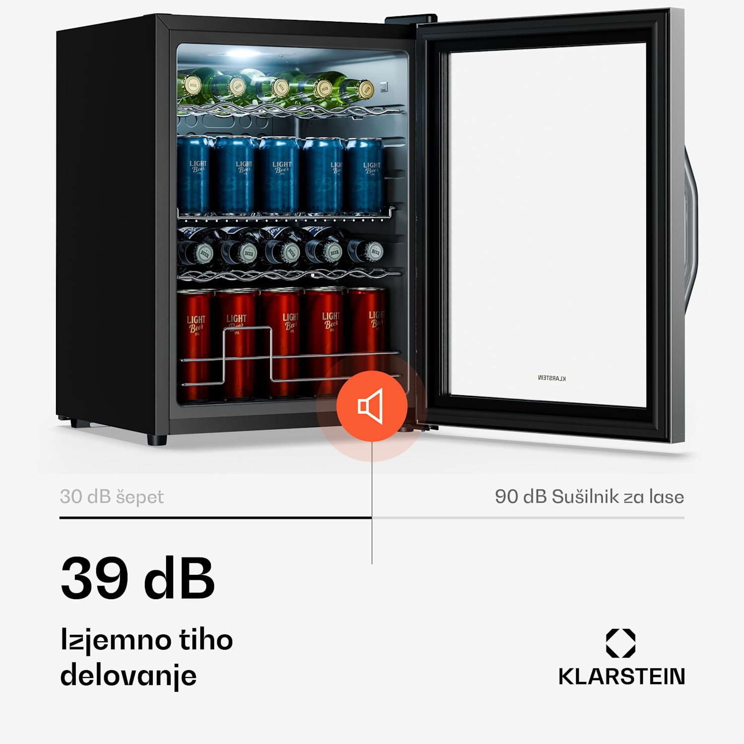 Beersafe hladilnik za pijačo s steklenimi vrati | 64 x 48 cm | Notranja LED osvetlitev 60 Ltr | Srebrna | Črna