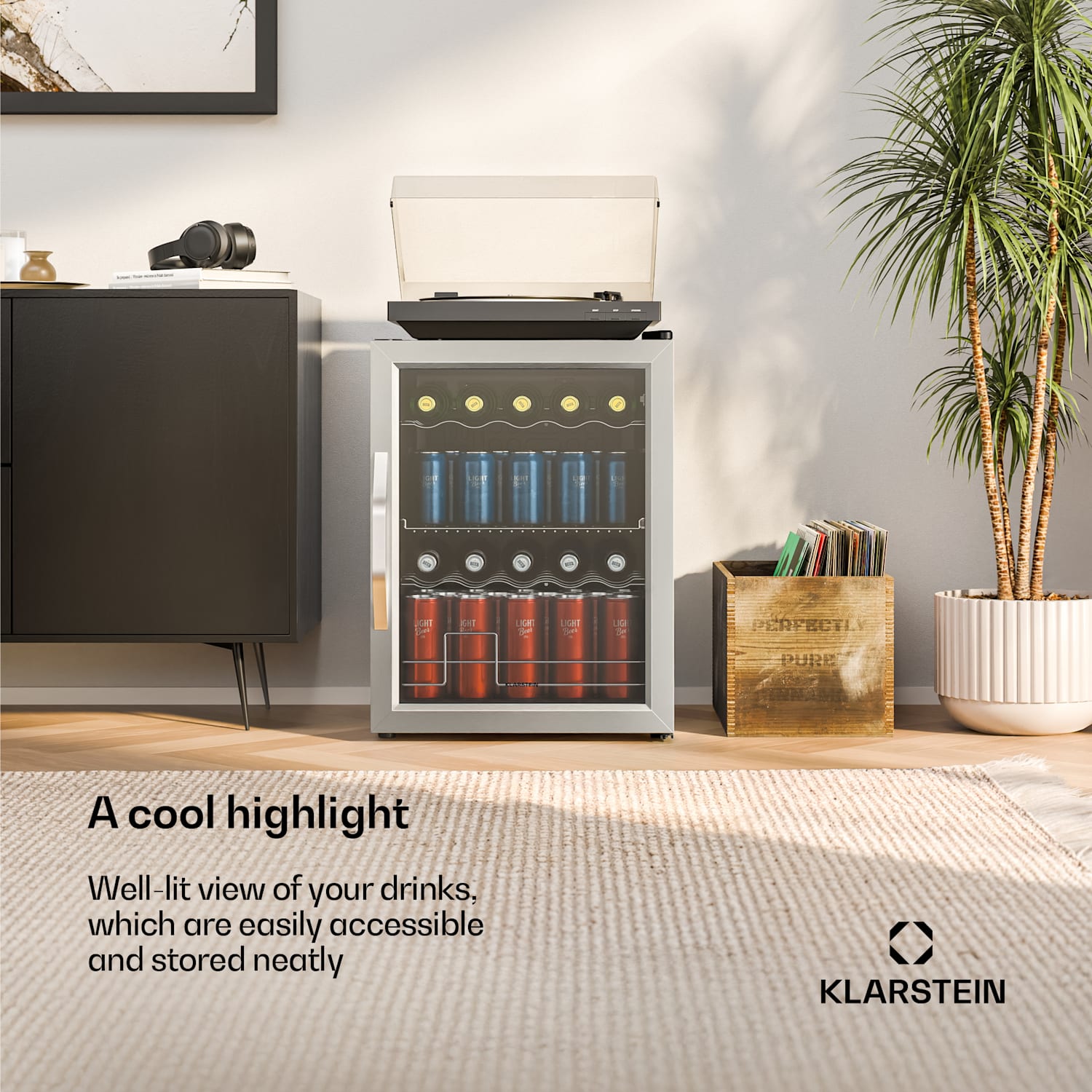 Refrigerador de bebidas Beersafe com porta de vidro | 64 x 48 cm | Iluminação interior LED | Prateado-Preto 60 L | Prateado | Preto