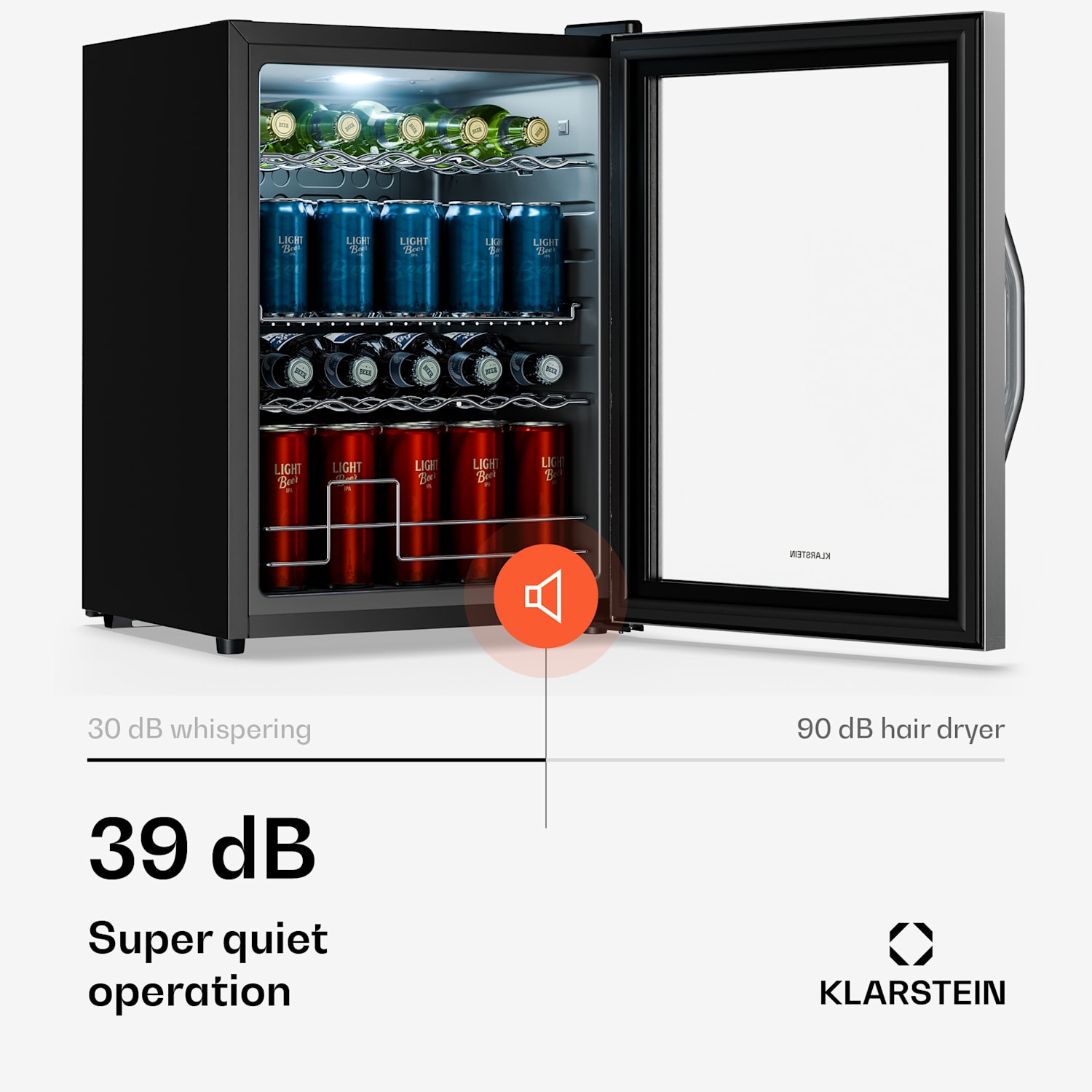 Refrigerador de bebidas Beersafe com porta de vidro | 64 x 48 cm | Iluminação interior LED | Prateado-Preto 60 L | Prateado | Preto