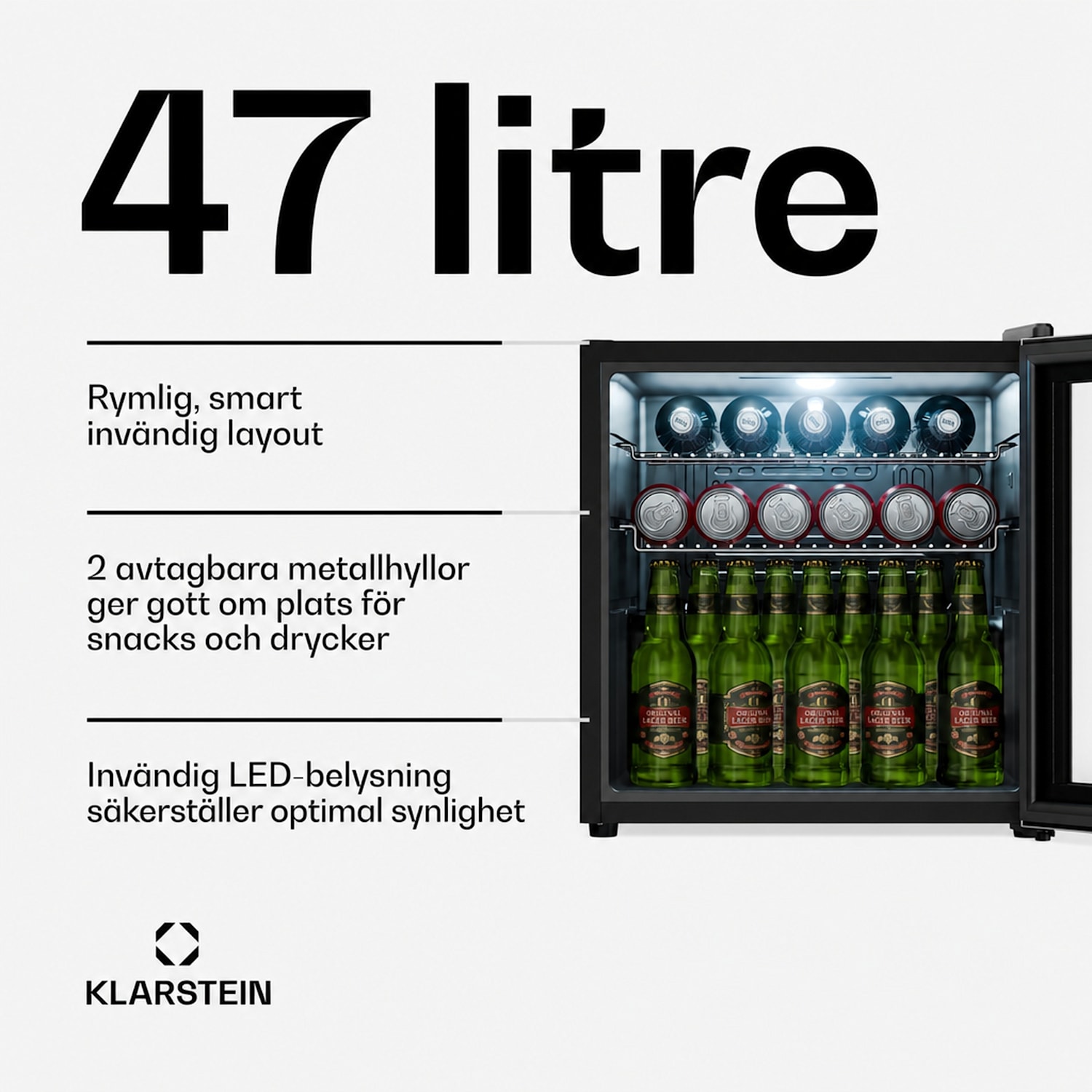 Beersafe dryckeskyl med glasdörr | 44 x 48 cm | LED-inomhusbelysning | Silver 47 L | E | Silver | Silver