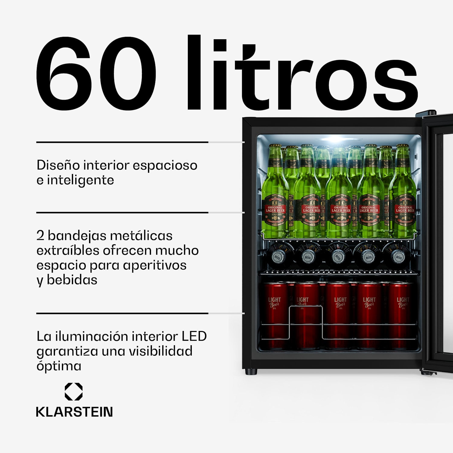 Beersafe nevera para bebidas con puerta de vidrio | 64 x 48 cm | Iluminación interior LED 60 L | Plata | Plata