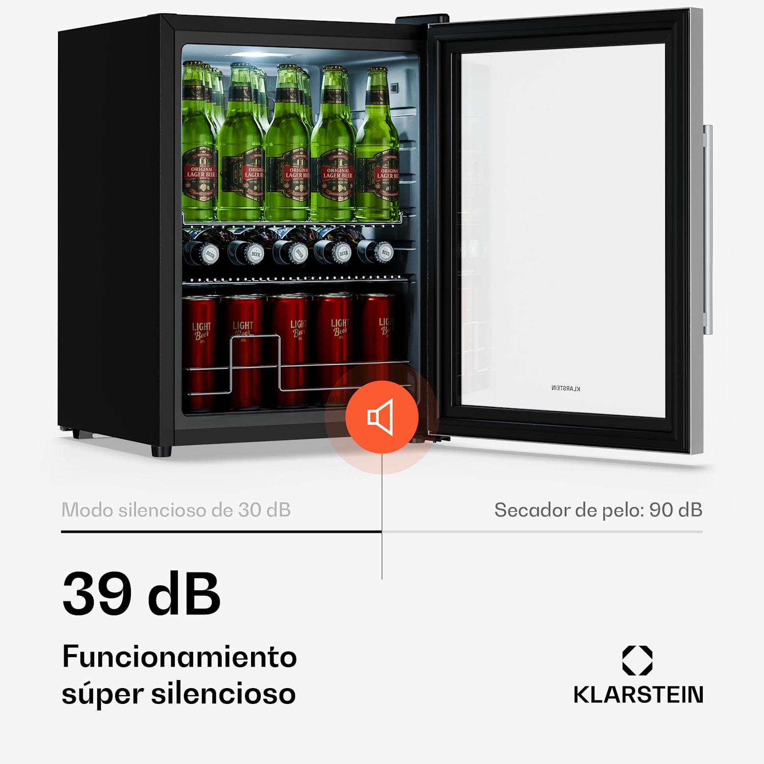 Beersafe nevera para bebidas con puerta de vidrio | 64 x 48 cm | Iluminación interior LED 60 L | Plata | Plata