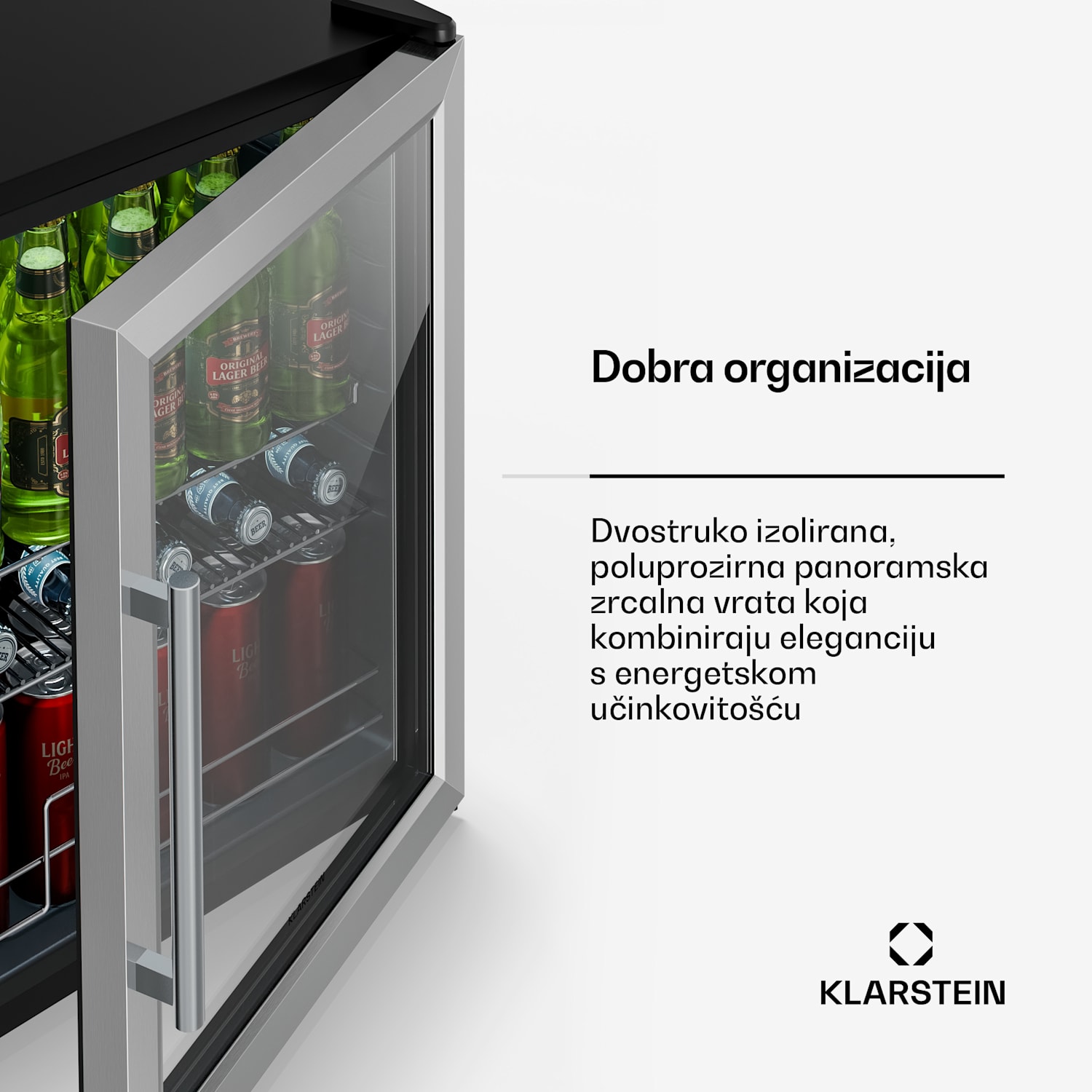 Hladnjak za pića Beersafe s vratima od zrcalnog stakla | 64 x 48 cm | Unutarnje LED osvjetljenje 60 Ltr | Srebro | Srebro