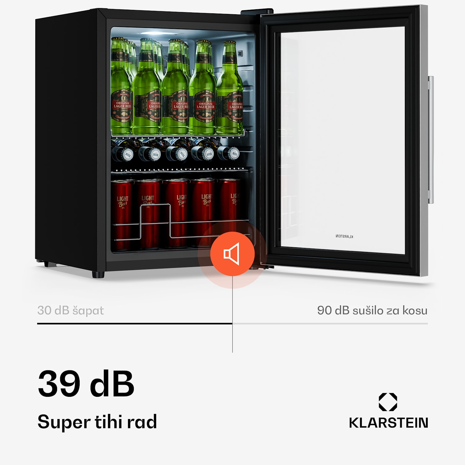 Hladnjak za pića Beersafe s vratima od zrcalnog stakla | 64 x 48 cm | Unutarnje LED osvjetljenje 60 Ltr | Srebro | Srebro