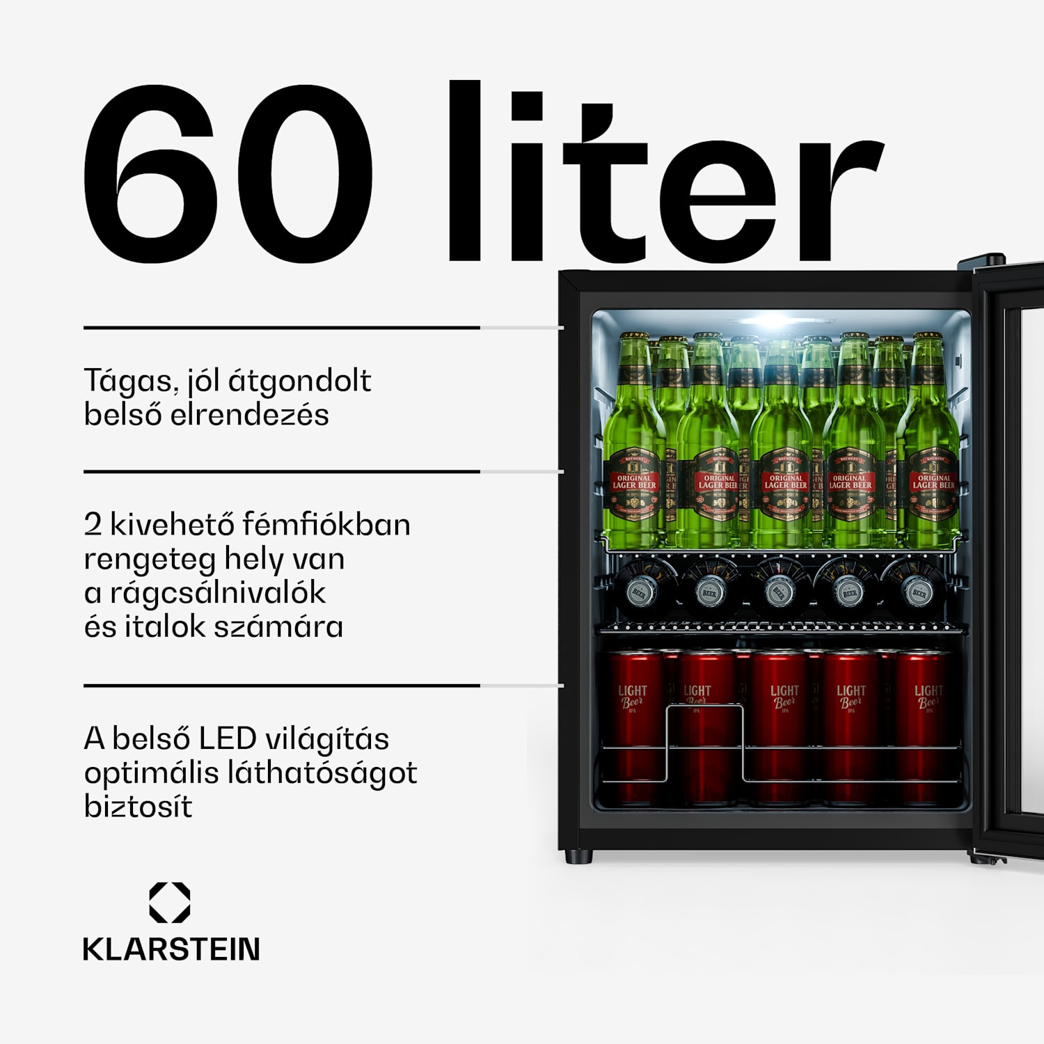 Beersafe italhűtő üvegajtóval | 64 x 48 cm | LED-es belső világítás 60 Ltr | Ezüst | Ezüst