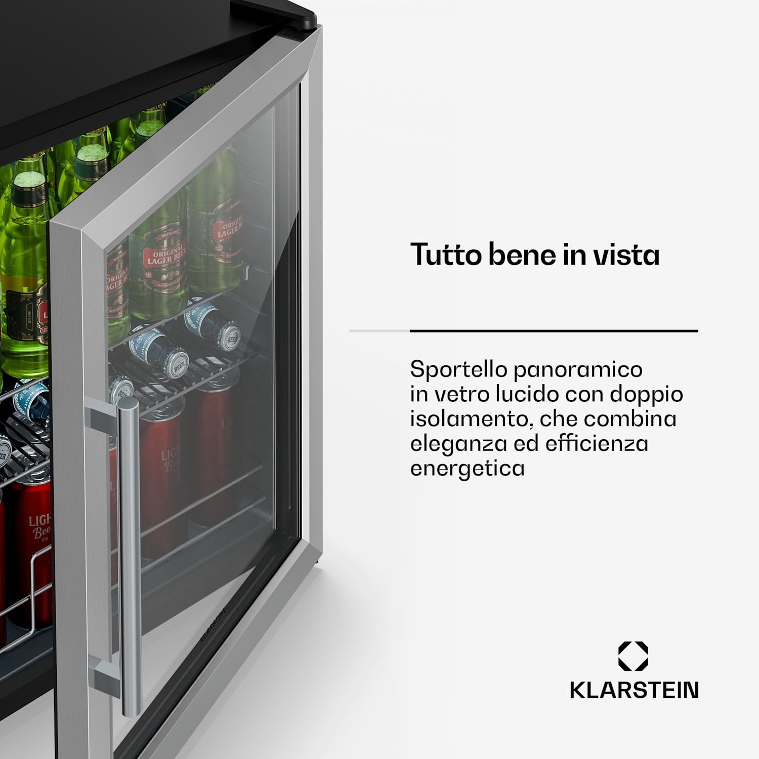 Beersafe - Frigorifero per bevande con sportello in vetro | 64 x 48 cm | Illuminazione LED interna 60 Ltr | Argento | Argento