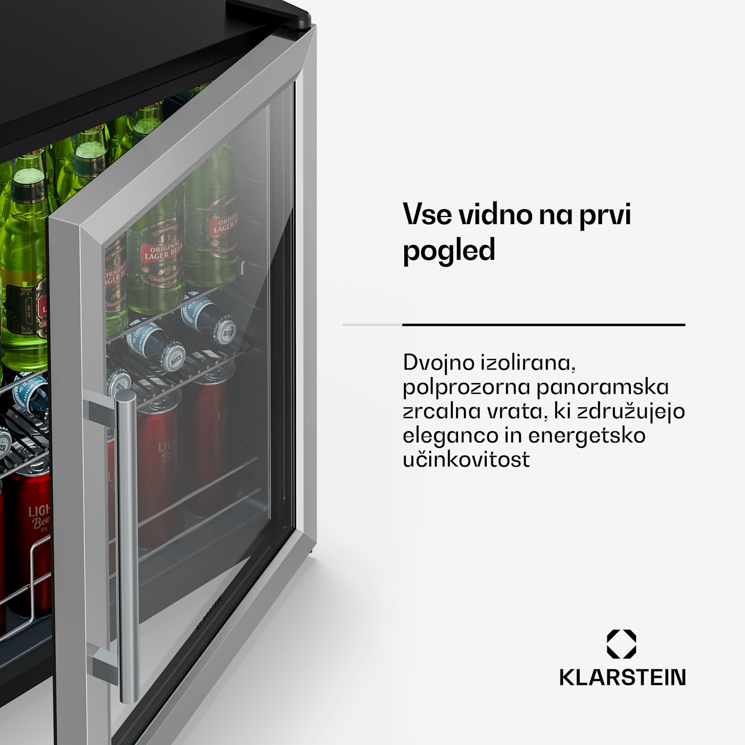 Beersafe hladilnik za pijačo s steklenimi vrati | 64 x 48 cm | Notranja LED osvetlitev 60 Ltr | Srebrna | Srebrna