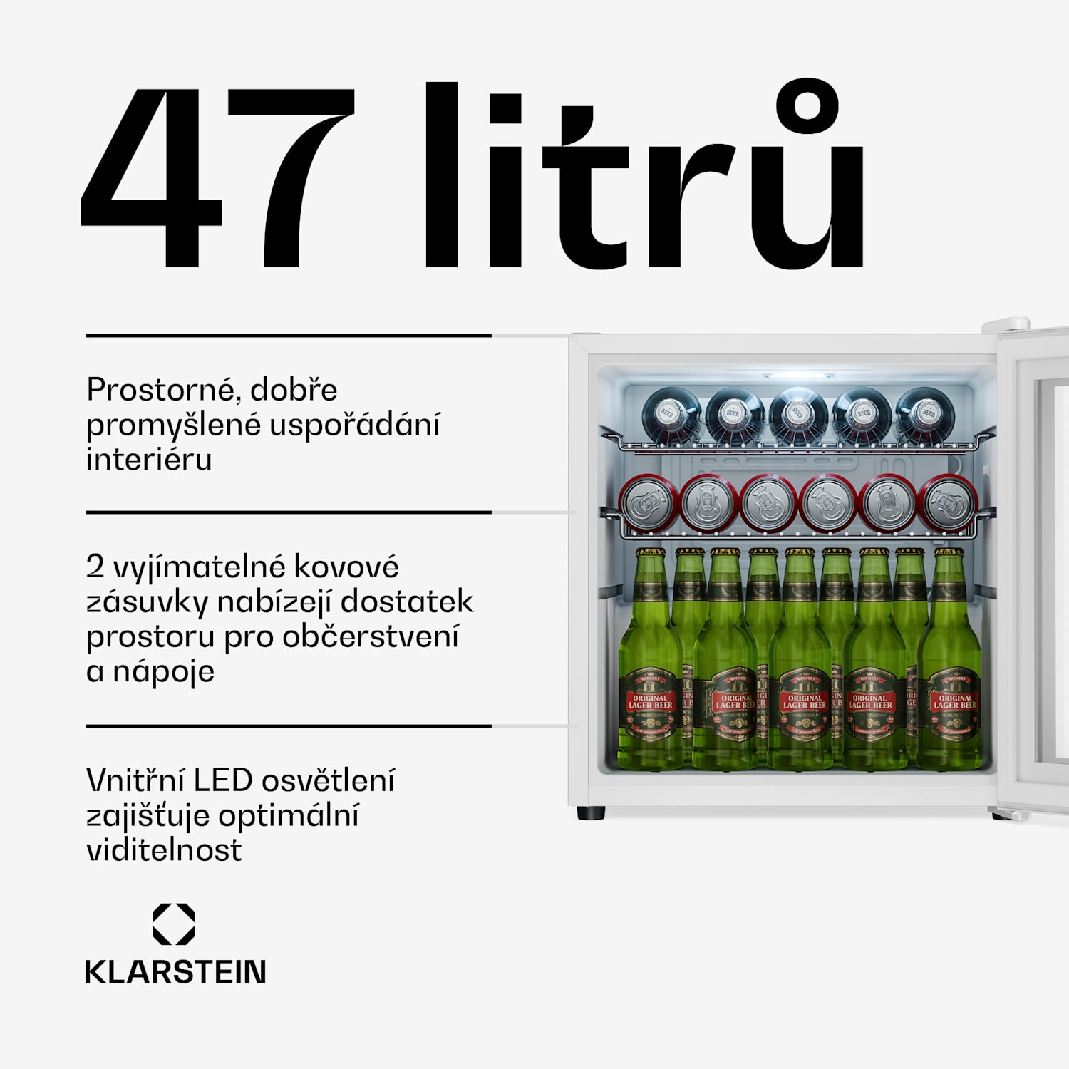 Chladnička na nápoje Beersafe se zrcadlovými skleněnými dveřmi | 44 x 48 cm | 85 W | 47 litrov | Bílá 47 litrů | Bílá