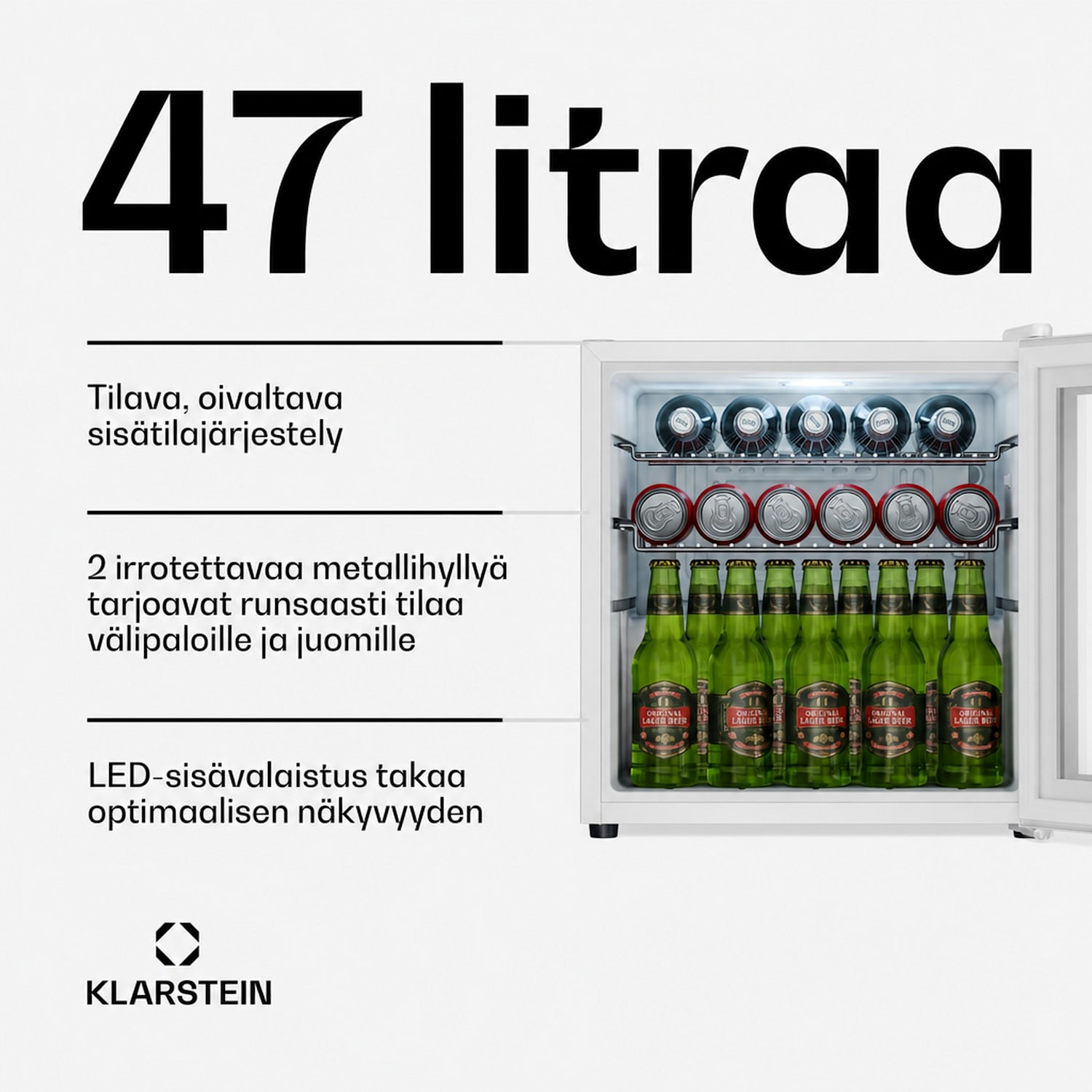 Beersafe juomajääkaappi peililasiluukulla | 44 x 48 cm | 85 W | 47 litraa | Valkoinen 47 l | Valkoinen
