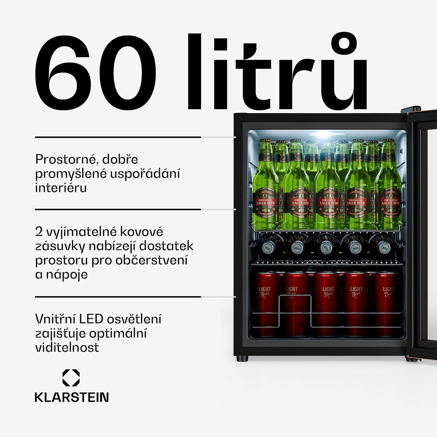 Chladnička na nápoje Beersafe se skleněnými dveřmi | 64 x 48 cm | 85 W | 60 litrů | Medová/Černá 60 litrů | Měděná metalíza | Černá