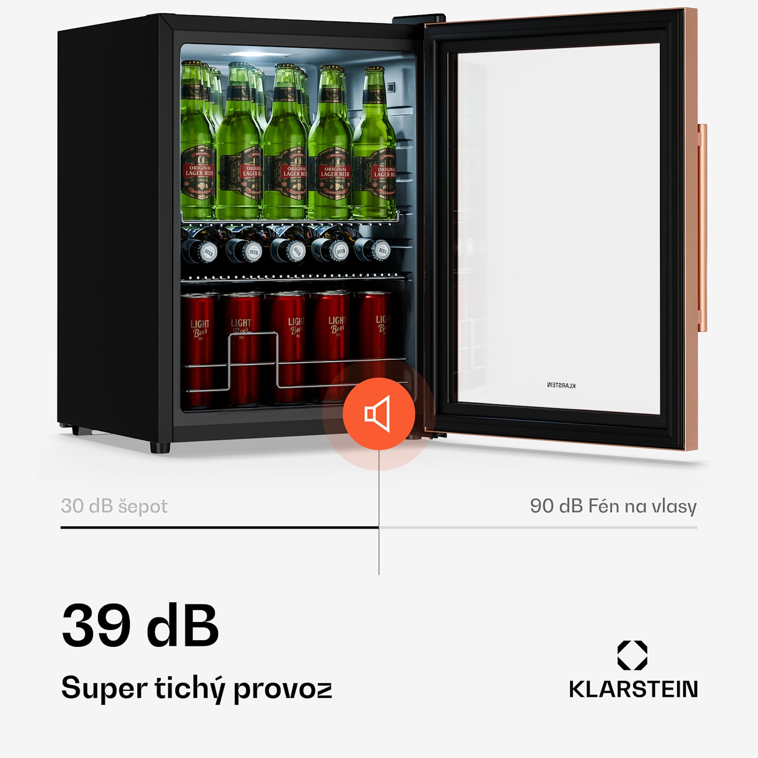 Chladnička na nápoje Beersafe se skleněnými dveřmi | 64 x 48 cm | 85 W | 60 litrů | Medová/Černá 60 litrů | Měděná metalíza | Černá