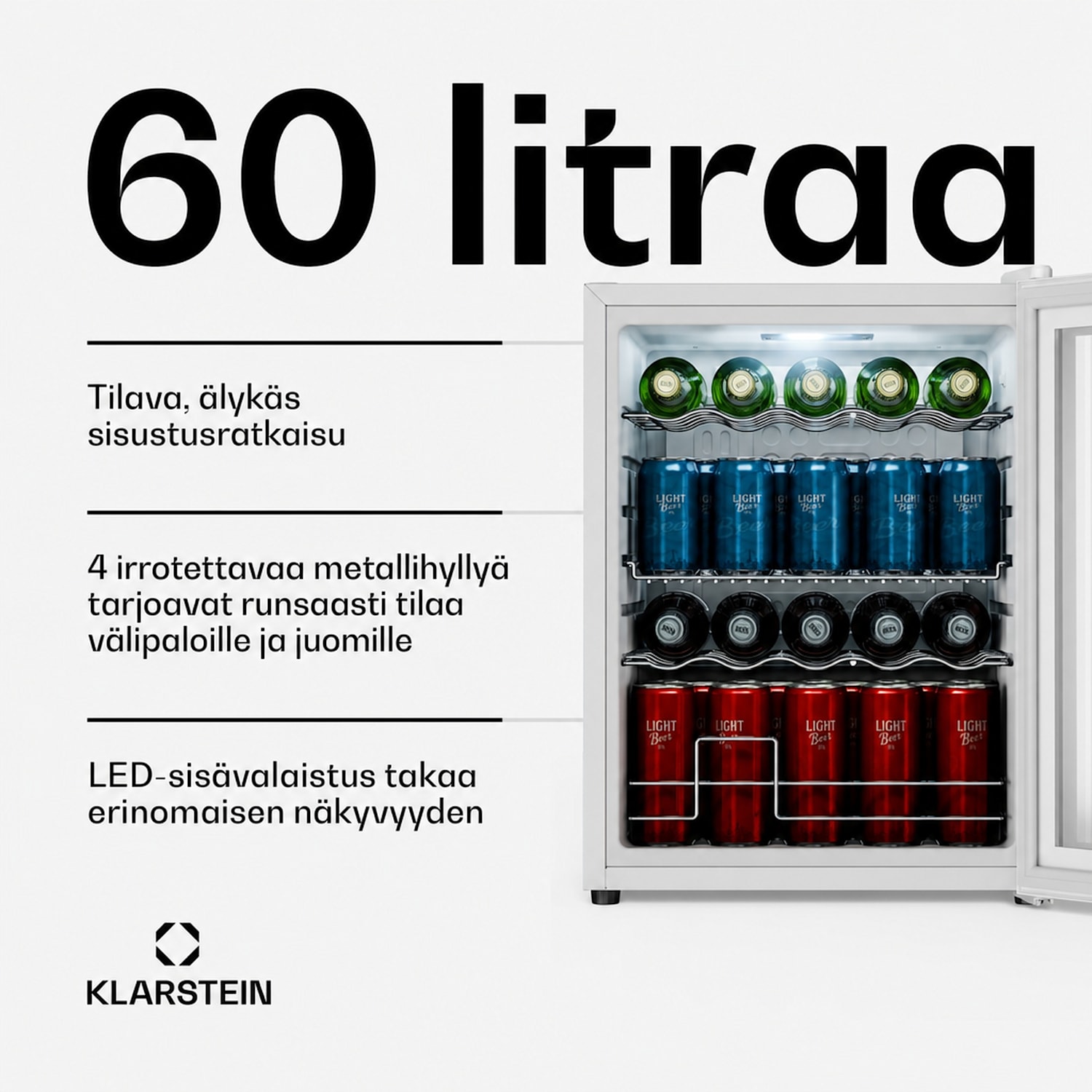 Beersafe juomajääkaappi peililasilla | 64 x 48 cm | 85 W | 60 litraa | Valkoinen 60 L | Valkoinen