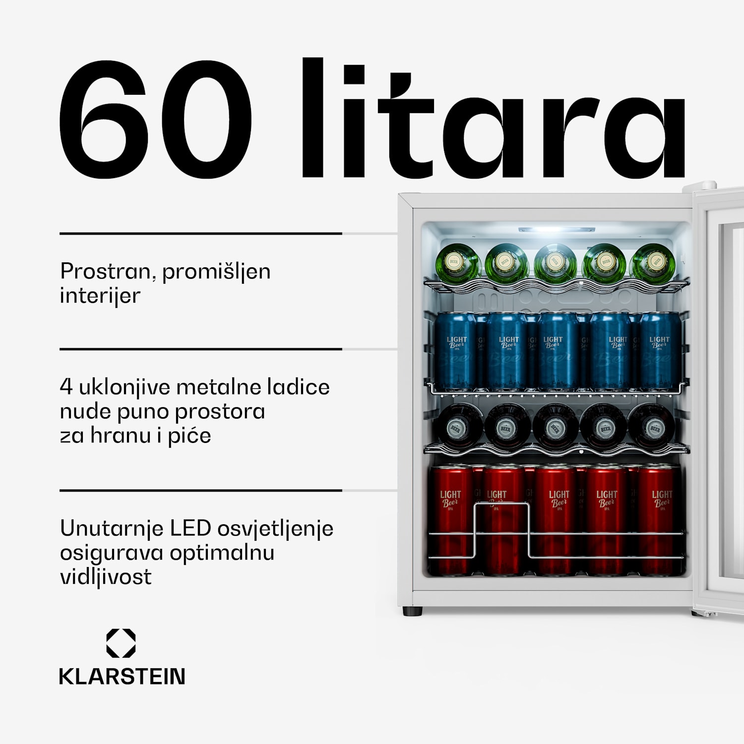 Hladnjak za pića Beersafe sa staklenim zrcalnim vratima | 64 x 48 cm | 60 litara | 85 W | Bijela 60 Ltr | Bijela
