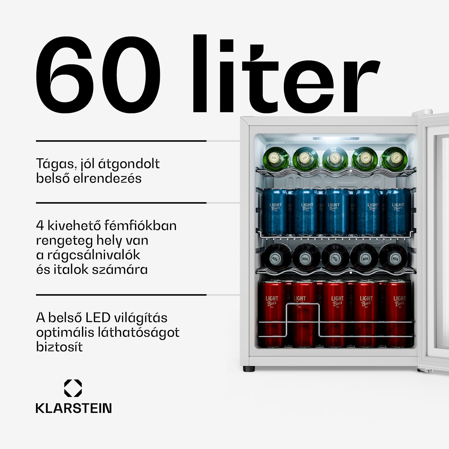 Beersafe italhűtő tükrös üvegajtóval | 64 x 48 cm | 85 W | 60 liter | Fehér 60 Ltr | Fehér