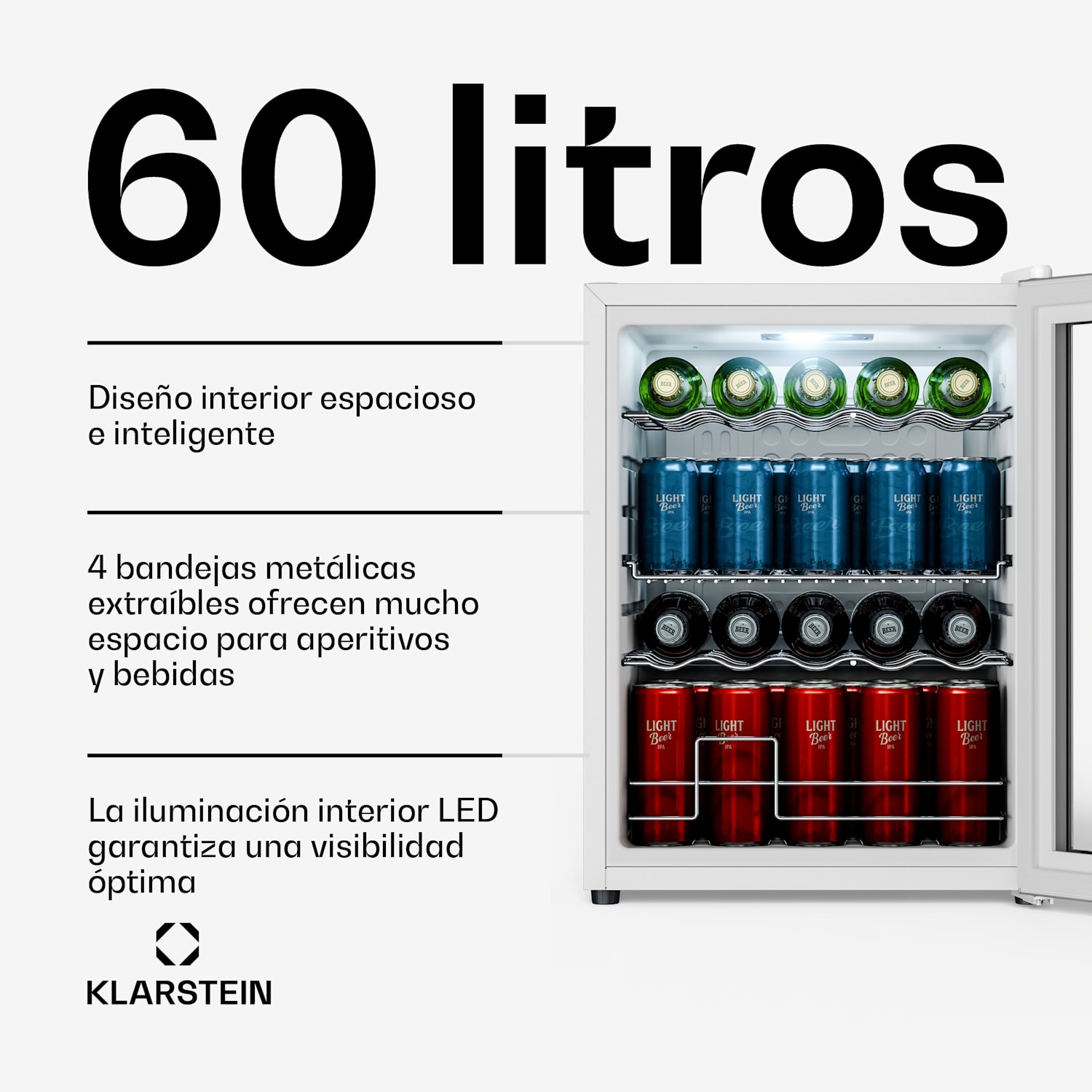 Beersafe nevera para bebidas con puerta de cristal | 64 x 48 cm | 60 litros | 85 W | Plata/Blanco 60 L | Plata | Blanco
