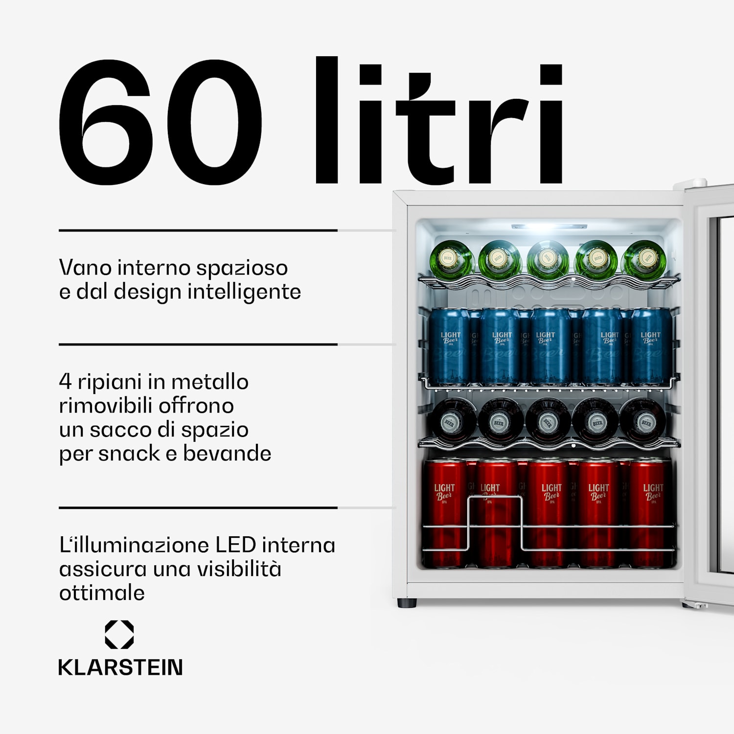 Beersafe - Frigorifero per bevande con sportello in vetro | 64 x 48 cm | 60 litri | 85 W | Argento/Bianco 60 Ltr | Argento | Bianco