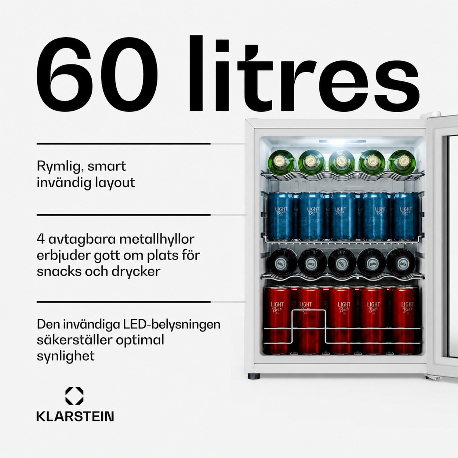Beersafe dryckeskyl med glasdörr | 64 x 48 cm | 60 liter | 85 W | Silver/Vit 60 L | D | Silver | Silver