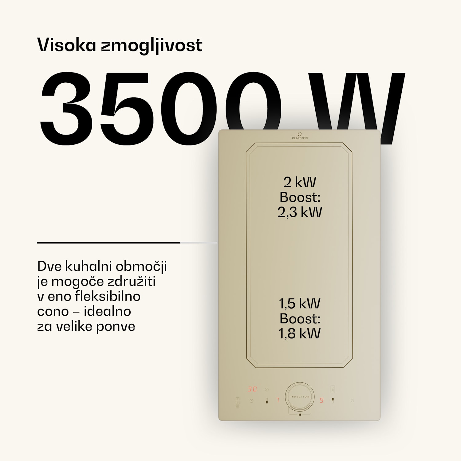 Victoria Domino, indukcijska kuhalna plošča, vgradna, 3500 W, Flexzone, časovnik 30 cm | brez fleksibilnega območja | Kremna