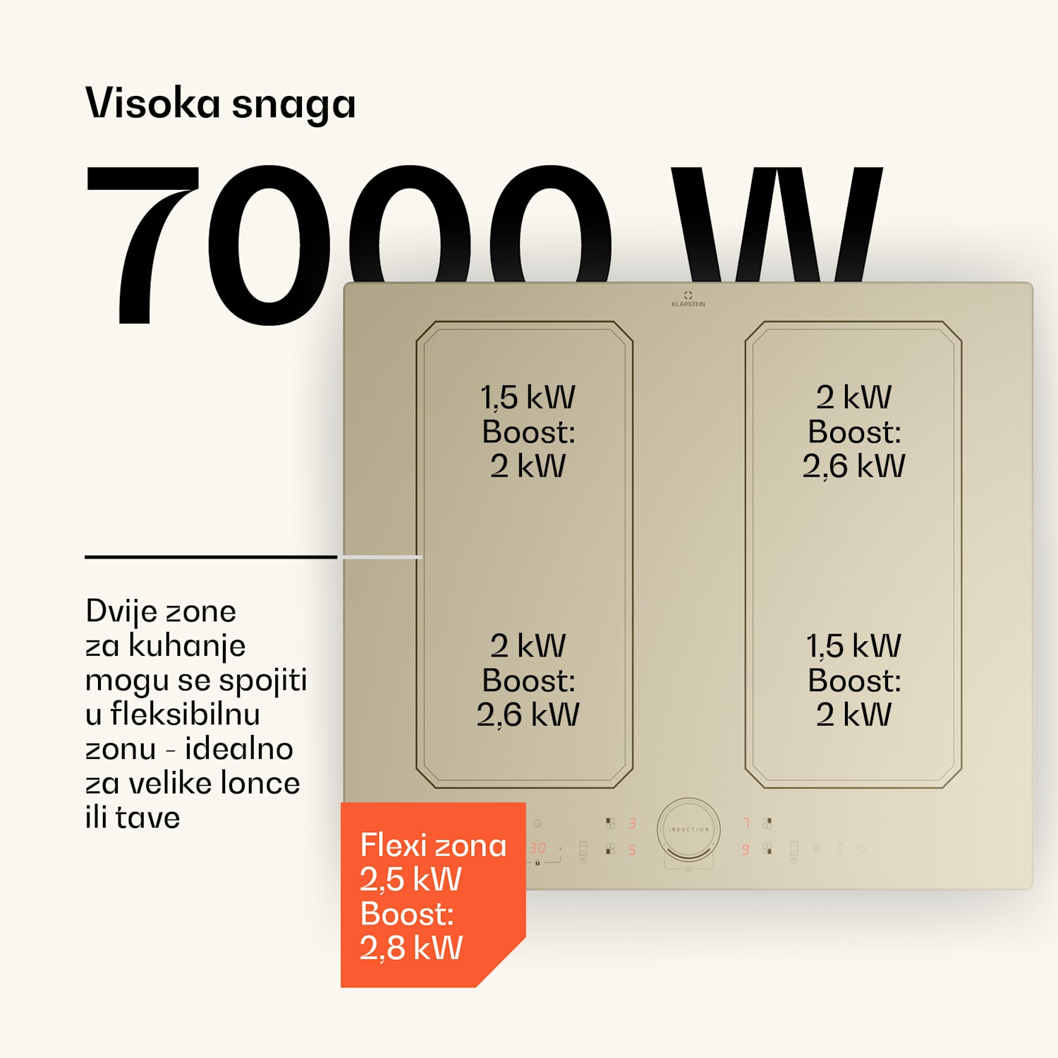 Victoria 4 Flex, indukcijska ploča, ugradbena, 7000W, Flexzone, timer Krem