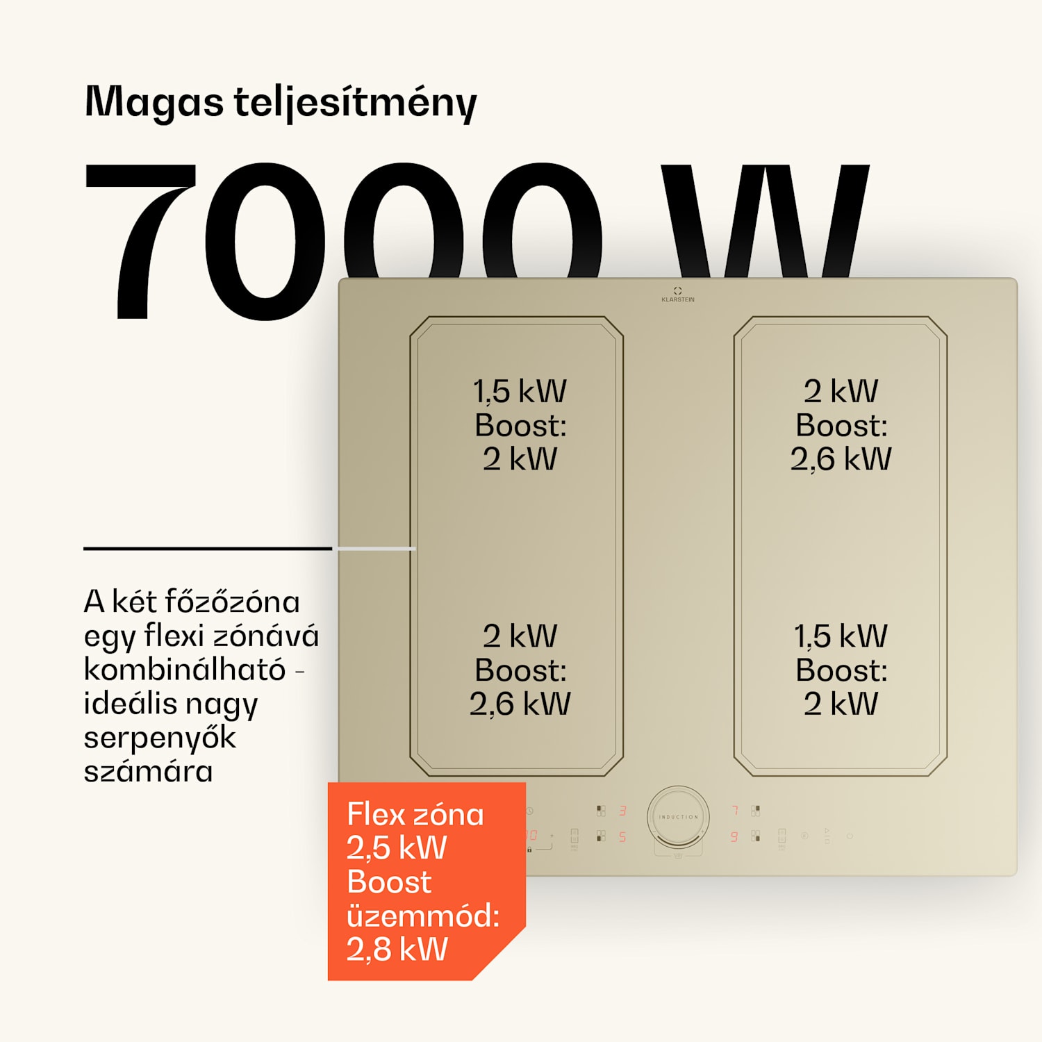 Victoria 4 Flex, indukciós főzőlap, beépített, 7000 W, Flexzone, időzítő Krém