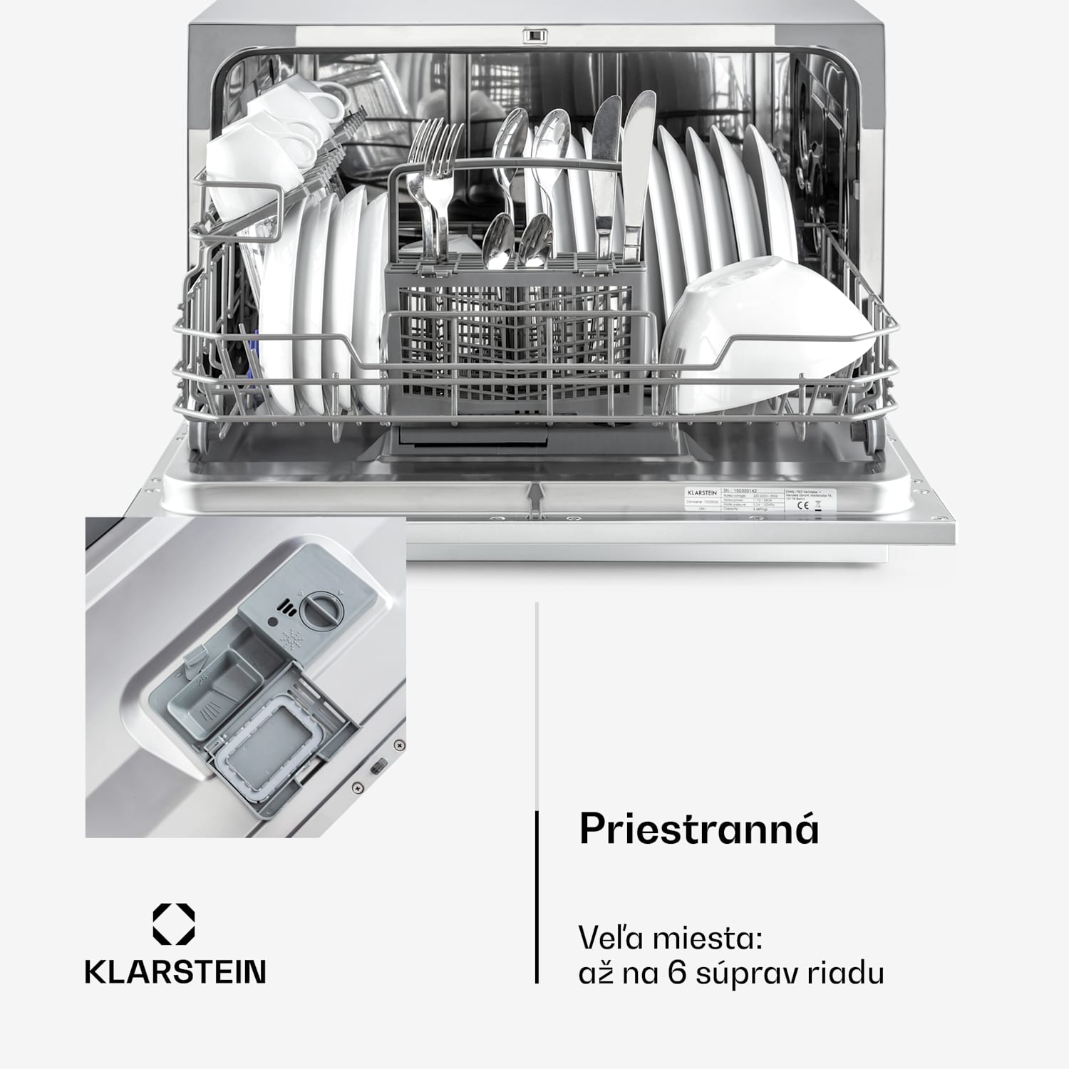 Amazonia 6, umývačka riadu, 1300 W, na 6 súprav riadu, energet. trieda F, 49 dB, tlačidlové ovládanie Prestieranie pre 6 osôb