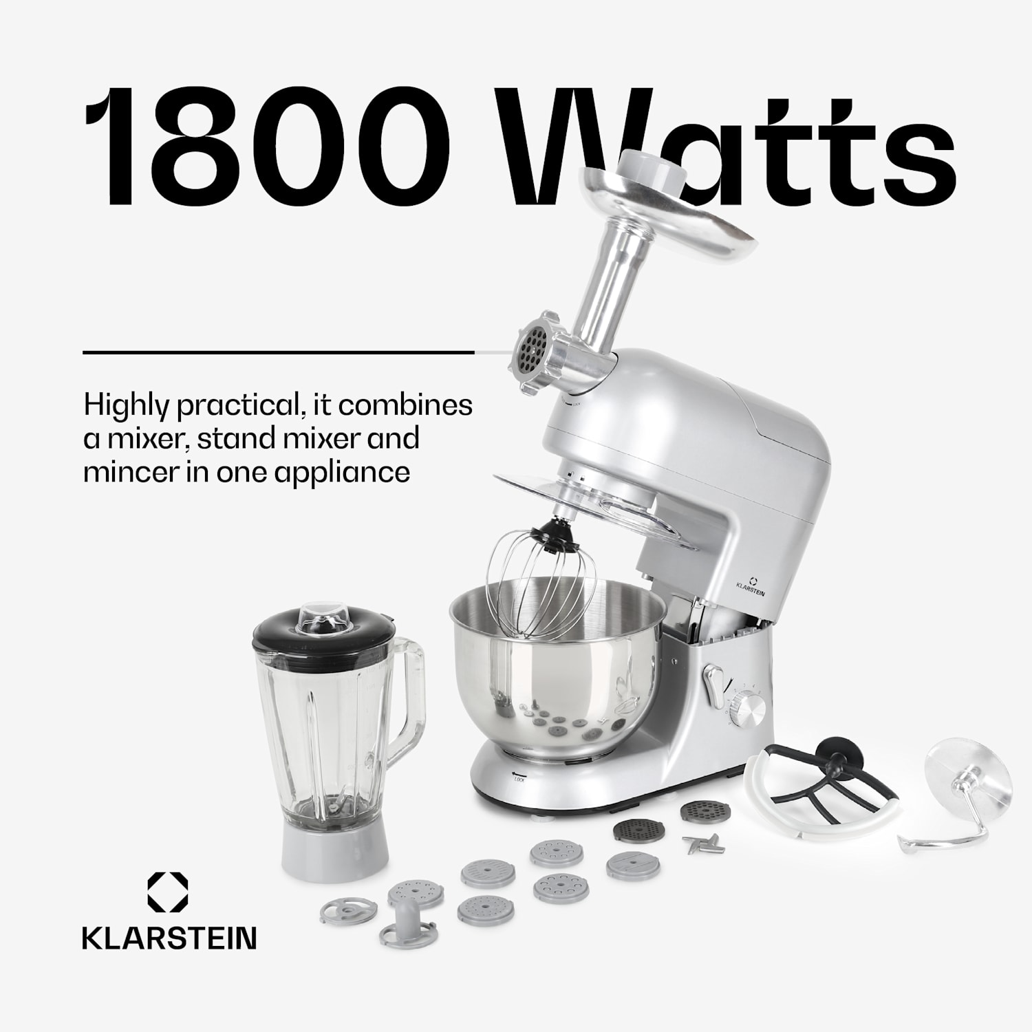 Lucia Food Processor 3-in-1 1800 W / 2.7 PS 5 Litre Stainless Steel BPA-free Silver Metallic