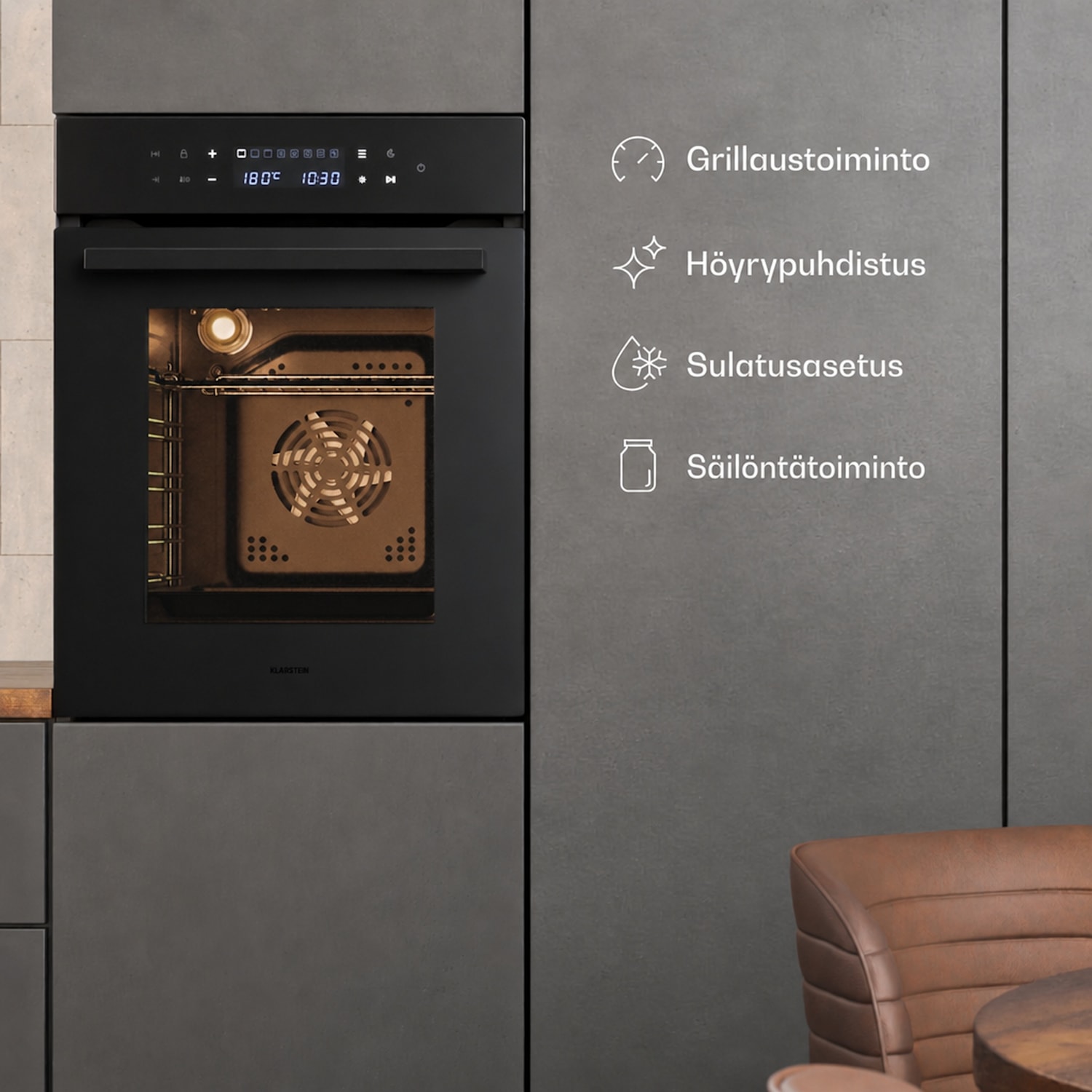 Velaire sisäänrakennettava uuni | 49 l | Energiatehokkuusluokka A | 2350 W | Musta | 45 cm 45 cm