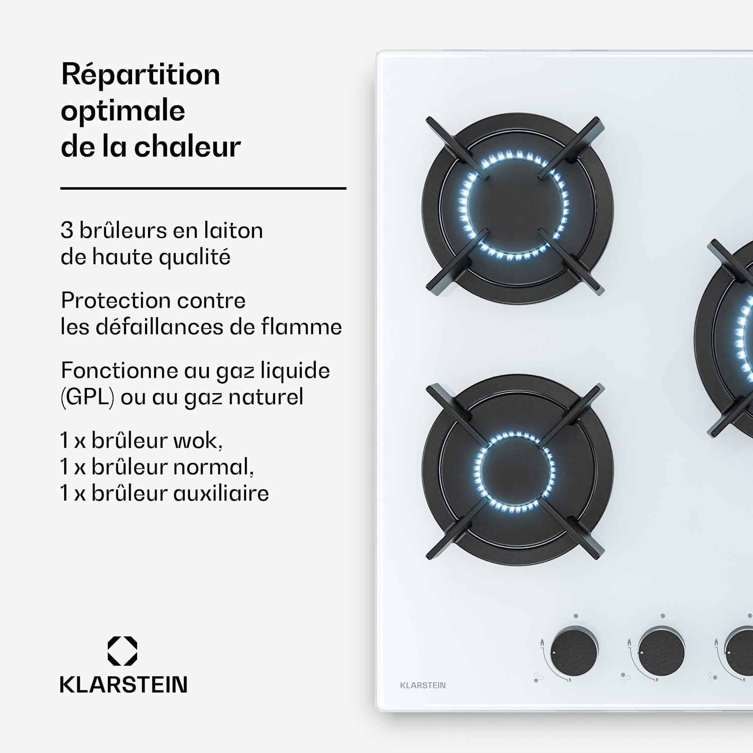 Goldflame table de cuisson gaz | 3 feux avec allumage électrique | gaz naturel & GPL | 5800 W | 45 cm 