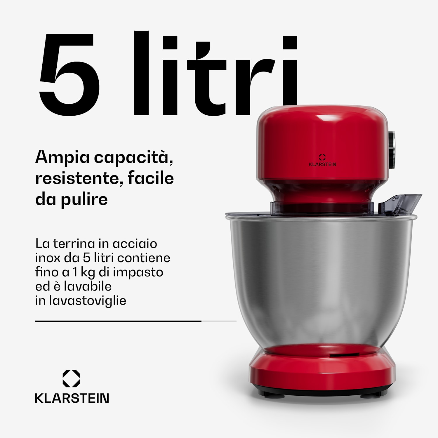 Bella Evo robot da cucina | Sistema di miscelazione planetaria | 3 accessori per impasto | 1500 W | 5 l Rosso