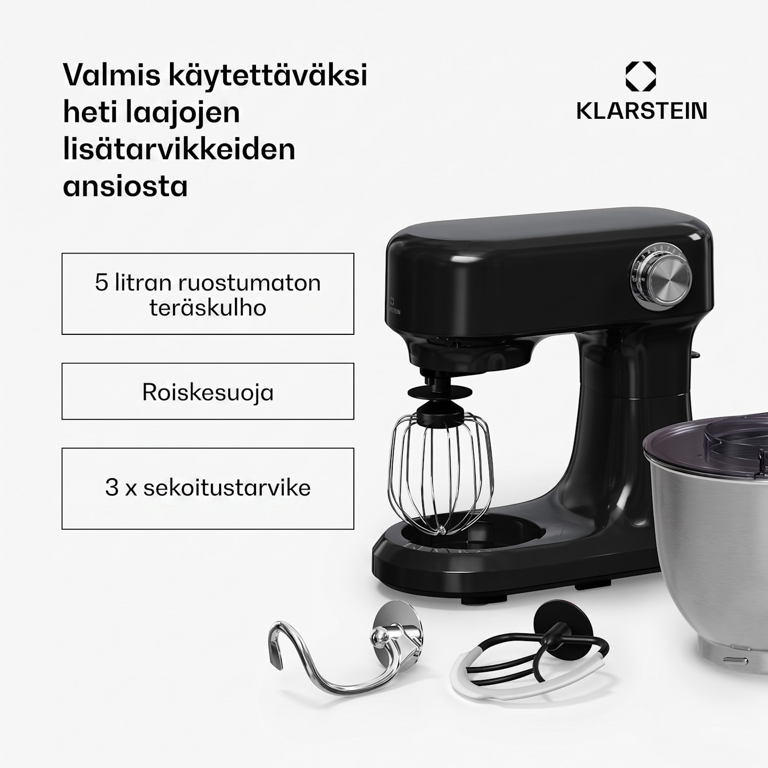 Bella Evo yleiskone | planetaarinen sekoitusjärjestelmä | 3 sekoituslisäosaa | 1500 W | 5 l Musta