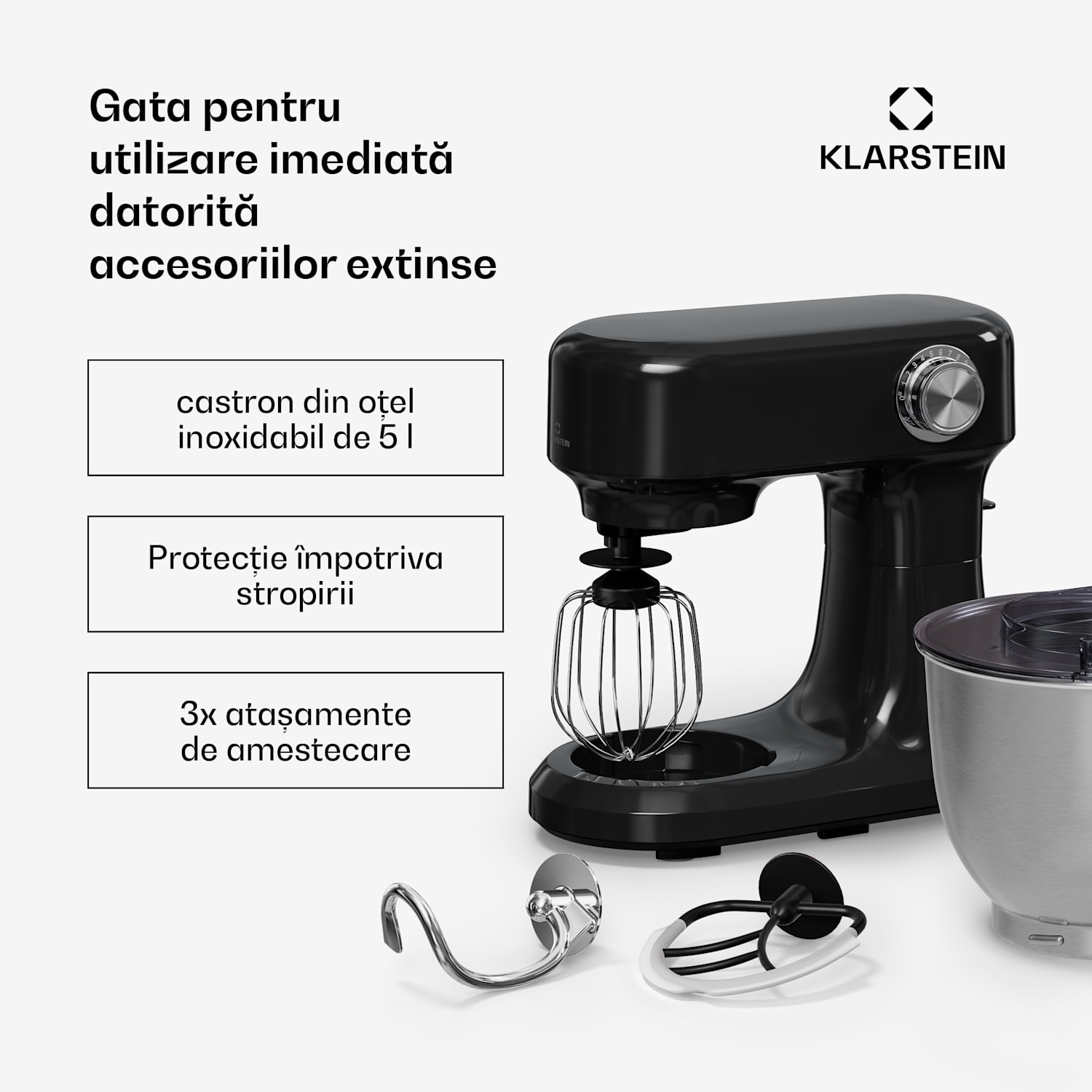 Robot de bucătărie Bella Evo | sistem de amestecare planetară | 3 atașamente de amestecare | 1500 W | 5 l Negru