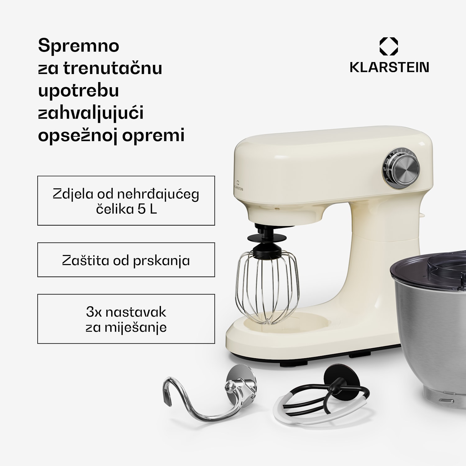 Bella Evo kuhinjski robot | planetarni sustav miješanja | 3 nastavka za miksanje | 1500 W | 5 L Krem