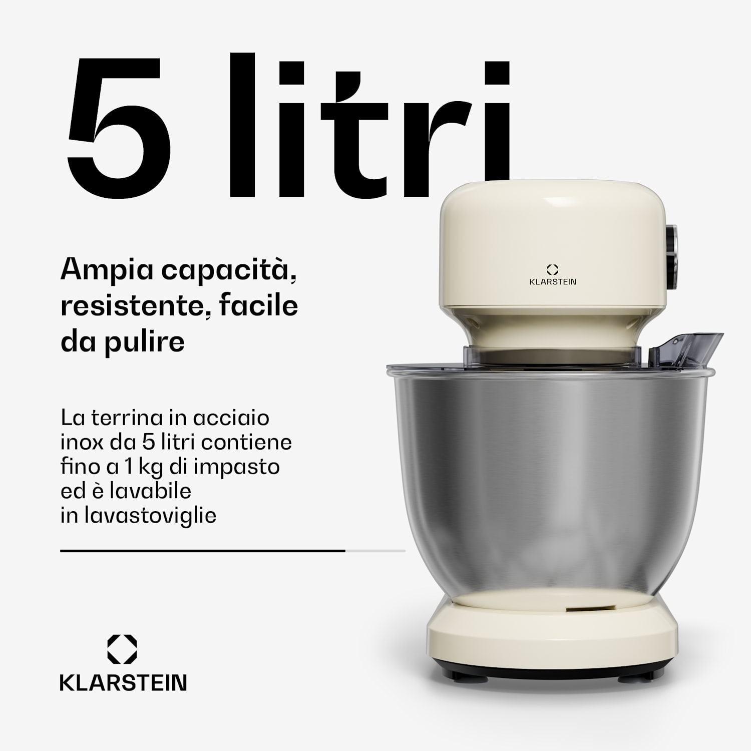 Bella Evo robot da cucina | Sistema di miscelazione planetaria | 3 fruste | 1500 W | 5 l Crema