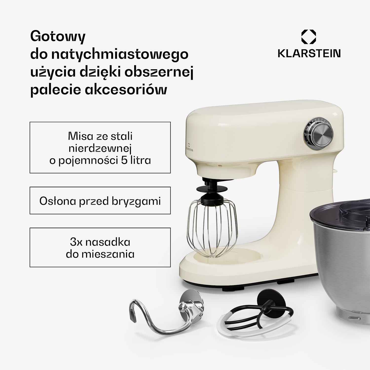 Bella Evo robot kuchenny | System mieszania planetarnego | 3 końcówki mieszające | 1500 W | 5 l Kremowy