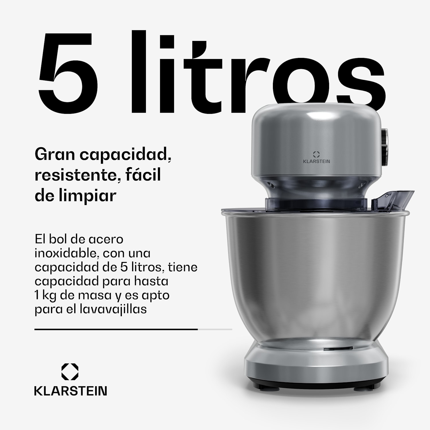 Bella Evo robot de cocina | Sistema de mezcla planetaria | 3 accesorios de batido | 1500 W | 5 l Plata