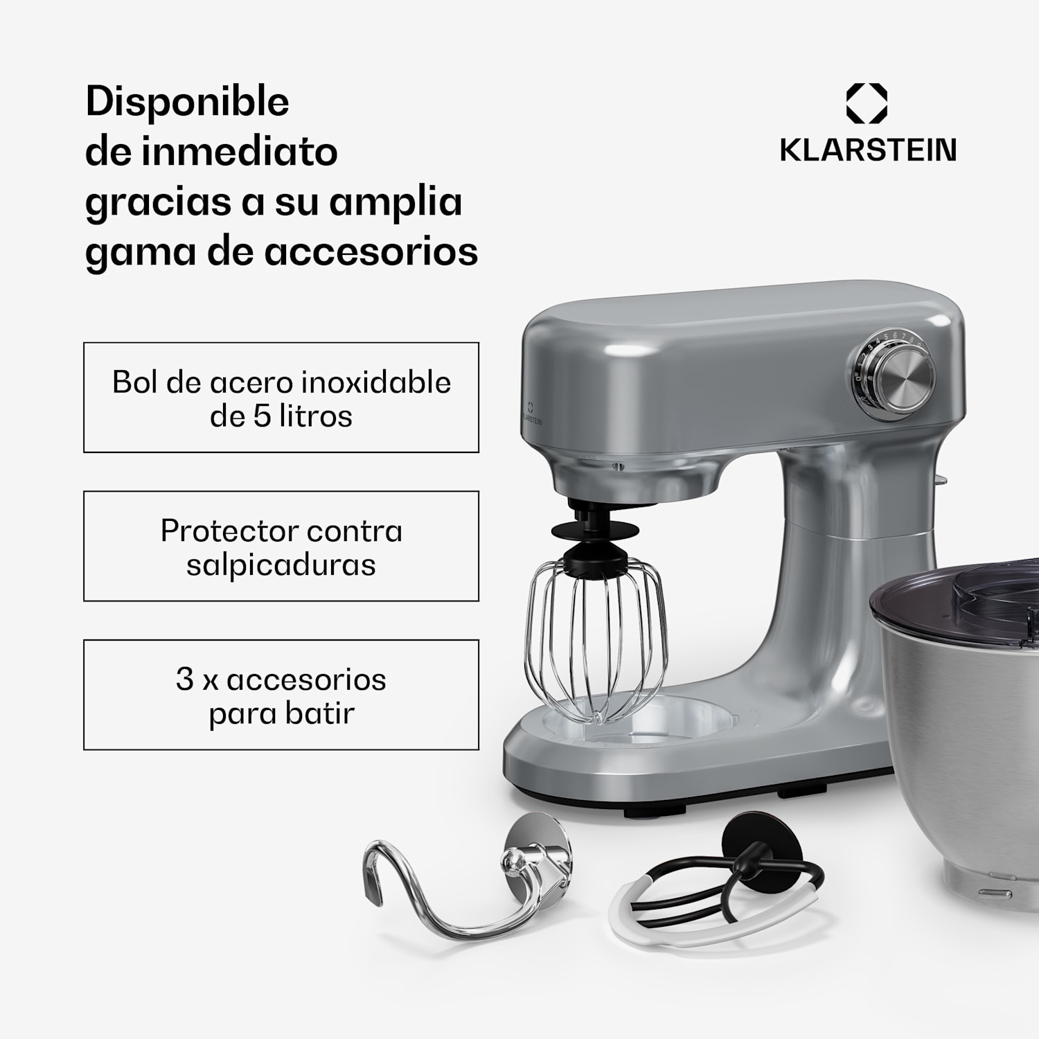 Bella Evo robot de cocina | Sistema de mezcla planetaria | 3 accesorios de batido | 1500 W | 5 l Plata