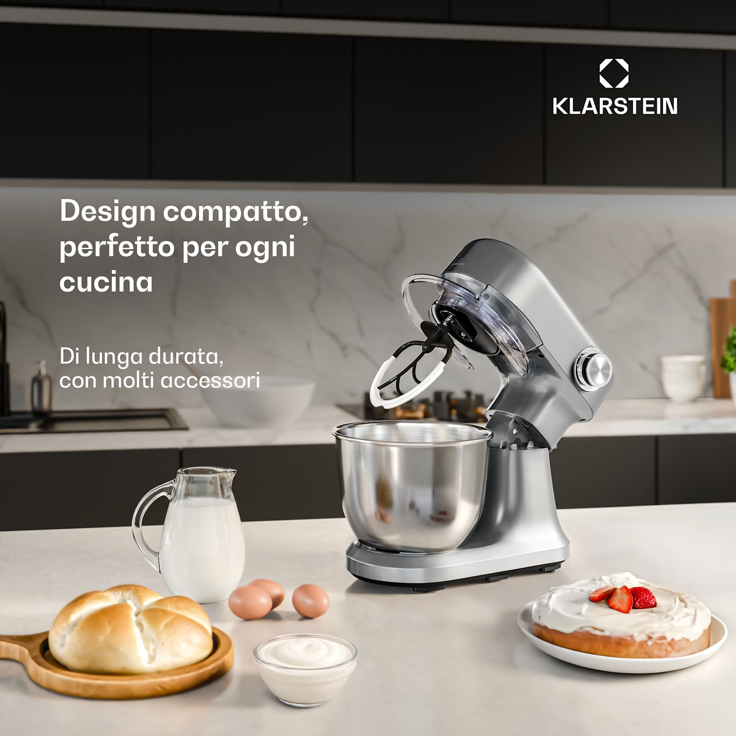 Bella Evo impastatrice da cucina | Sistema planetario | 3 fruste | 1500 W | 5 l Argento