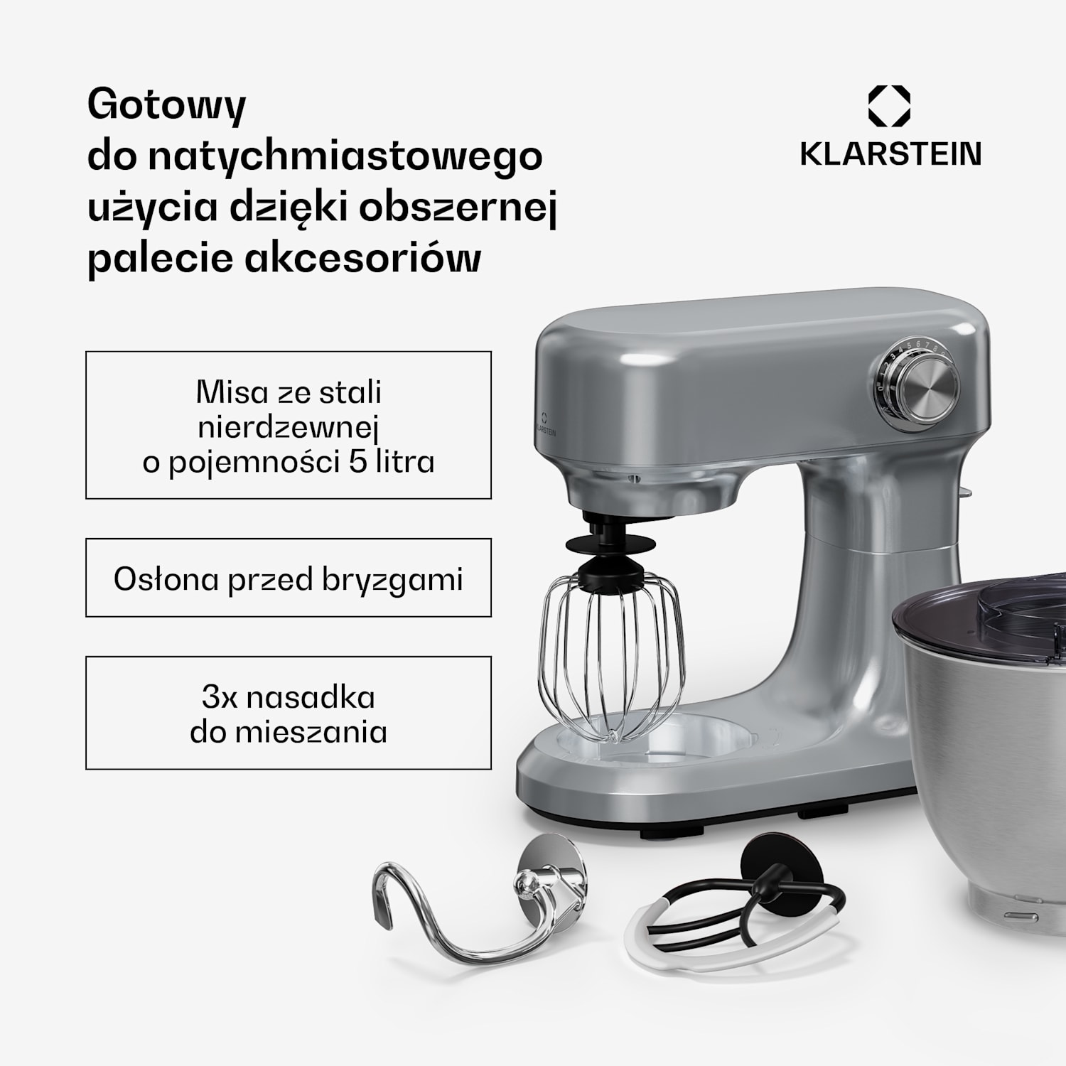 Bella Evo robot kuchenny | system planetarny | 3 końcówki mieszające | 1500 W | 5 l Srebrny
