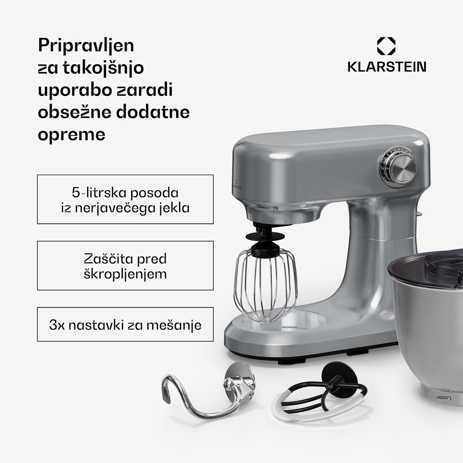 Bella Evo kuhinjski robot | planetarni mešalni sistem | 3 mešalni nastavki | 1500 W | 5 l Srebrna