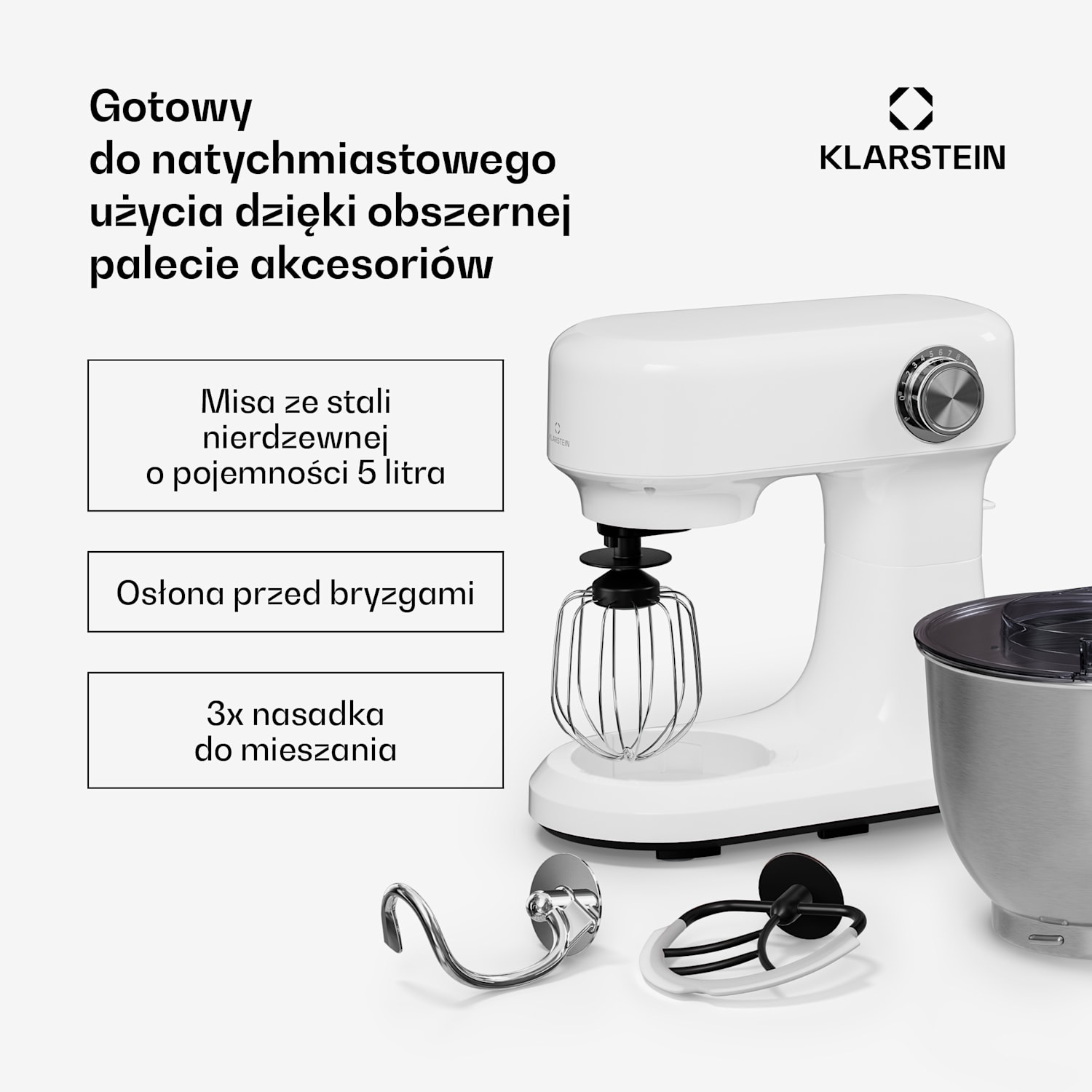 Bella Evo robot kuchenny | system mieszania planetarnego | 3 końcówki mieszające | 1500 W | 5 l Biały