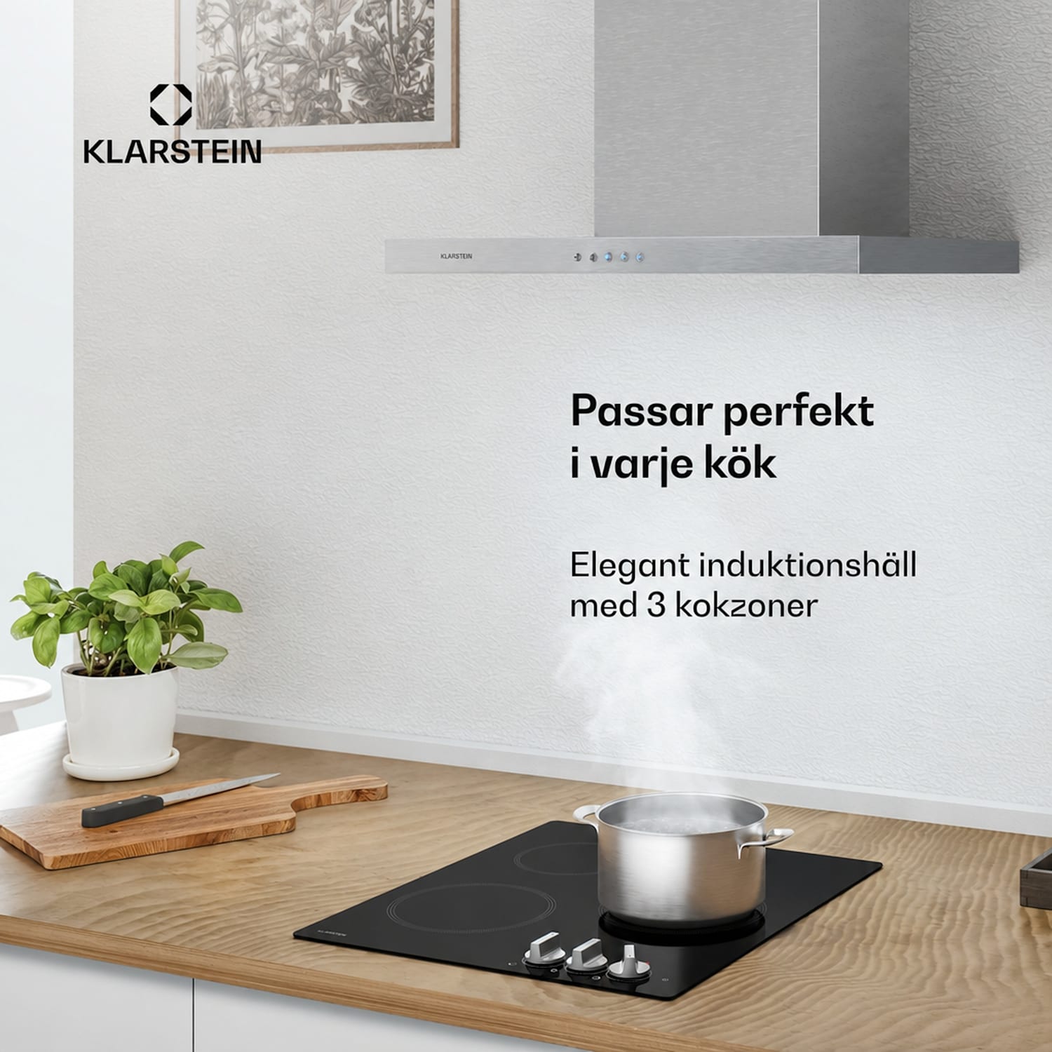 Kochheld induktionshäll | Elegant & kraftfull | 3 kokzoner | 5 700 W | 45 cm 45 cm | Glänsande | Vit