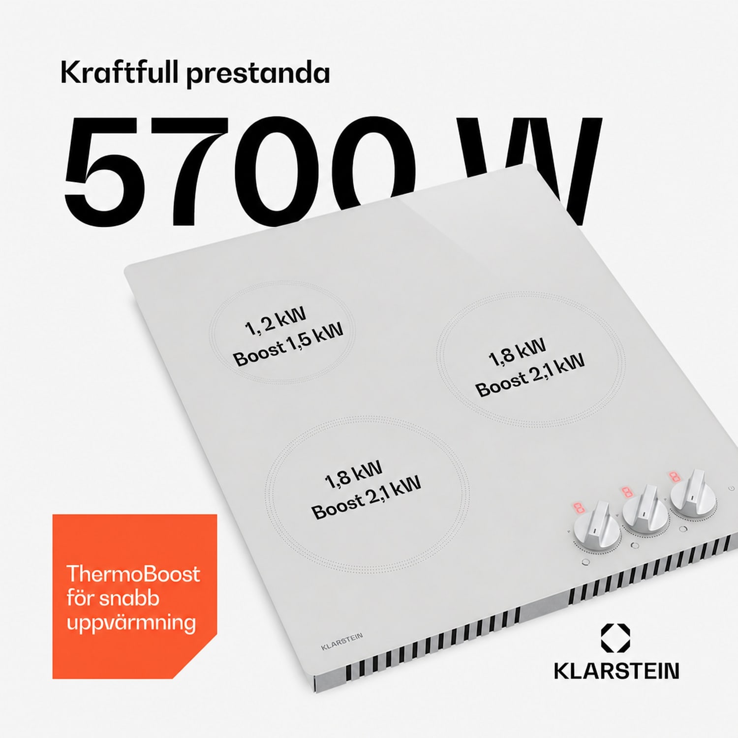 Kochheld induktionshäll | Elegant & kraftfull | 3 kokzoner | 5 700 W | 45 cm 45 cm | Glänsande | Vit