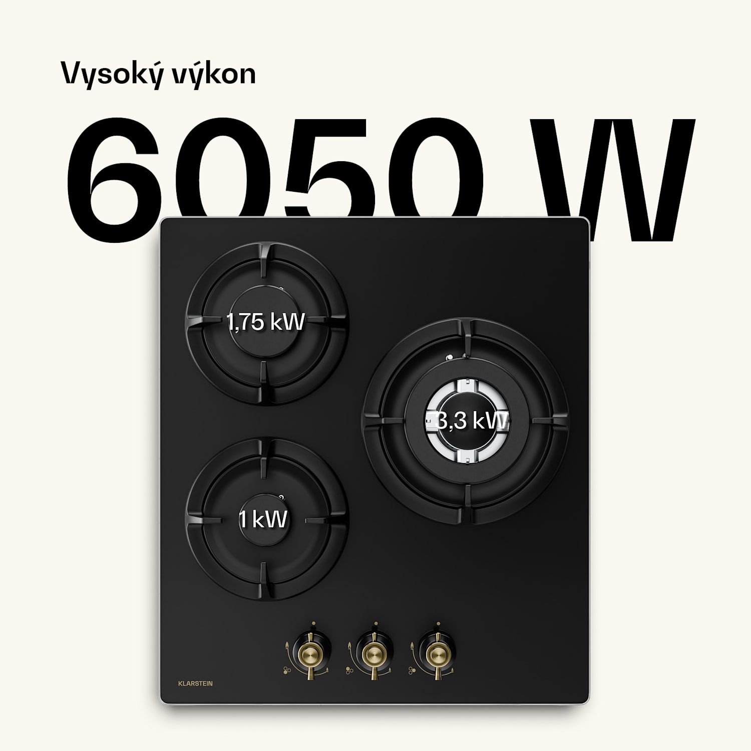 Victoria plynová varná deska | 3 hliníkové hořáky | kompatibilní se zemním plynem a LPG | 6050 W | 45 cm 45 cm | Sklo | Černá