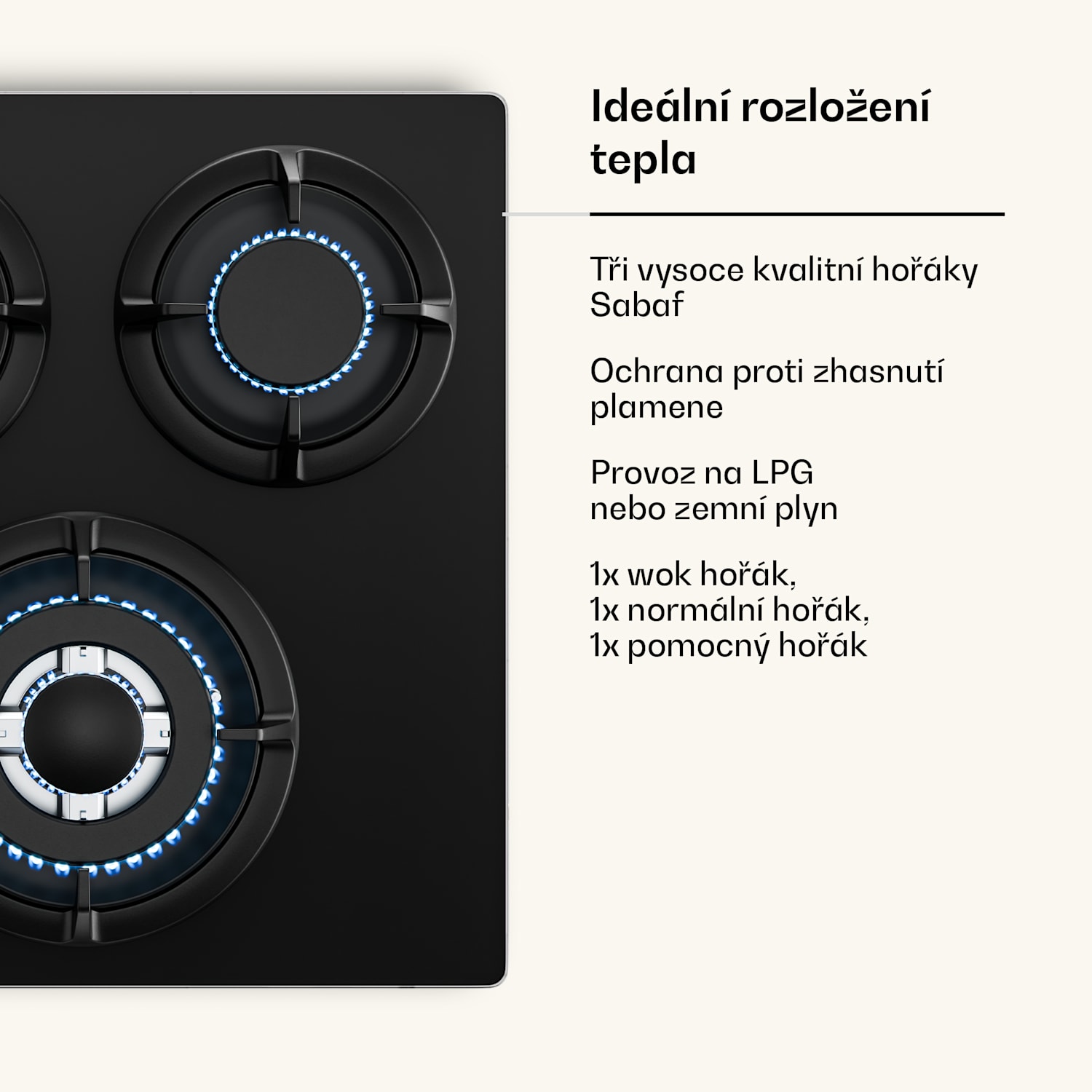 Victoria plynová varná deska | 3 hliníkové hořáky | kompatibilní se zemním plynem a LPG | 6050 W | 45 cm 45 cm | Sklo | Černá