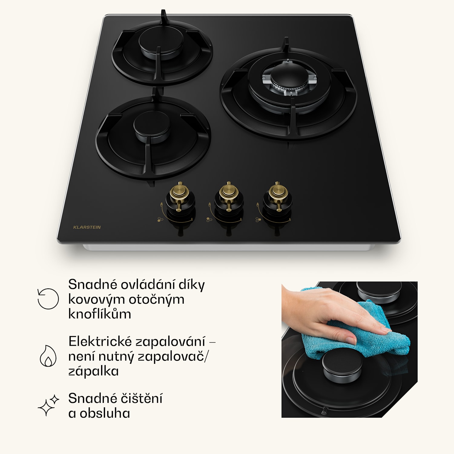 Victoria plynová varná deska | 3 hliníkové hořáky | kompatibilní se zemním plynem a LPG | 6050 W | 45 cm 45 cm | Sklo | Černá