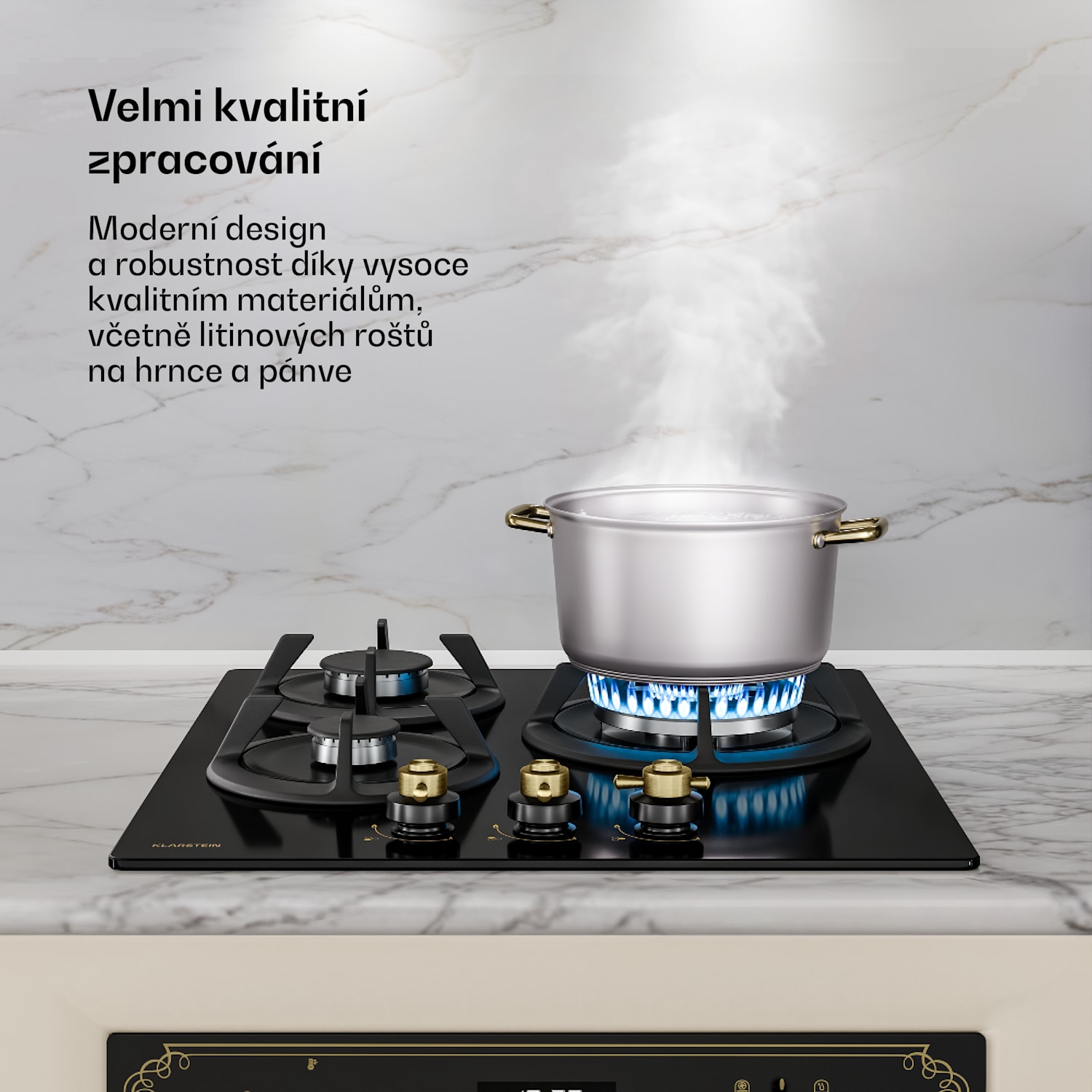 Victoria plynová varná deska | 3 hliníkové hořáky | kompatibilní se zemním plynem a LPG | 6050 W | 45 cm 45 cm | Sklo | Černá