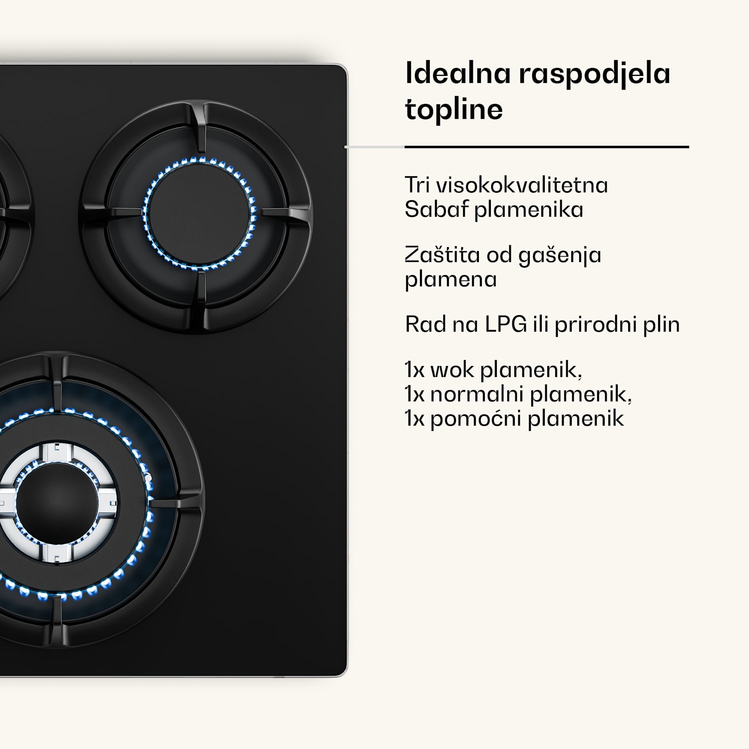 Victoria plinska kuhinjska ploča | 3 aluminijska plamenika | kompatibilna s prirodnim plinom i LPG-om | 6050 W | 45 cm 45 cm | Staklo | Crna
