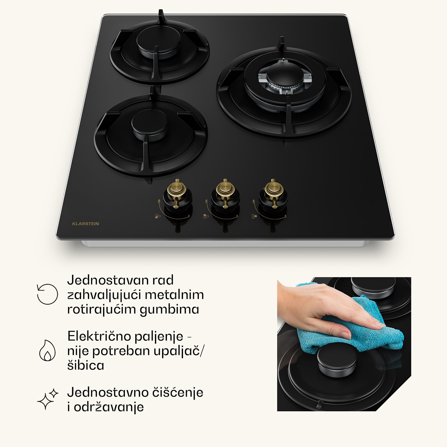 Victoria plinska kuhinjska ploča | 3 aluminijska plamenika | kompatibilna s prirodnim plinom i LPG-om | 6050 W | 45 cm 45 cm | Staklo | Crna